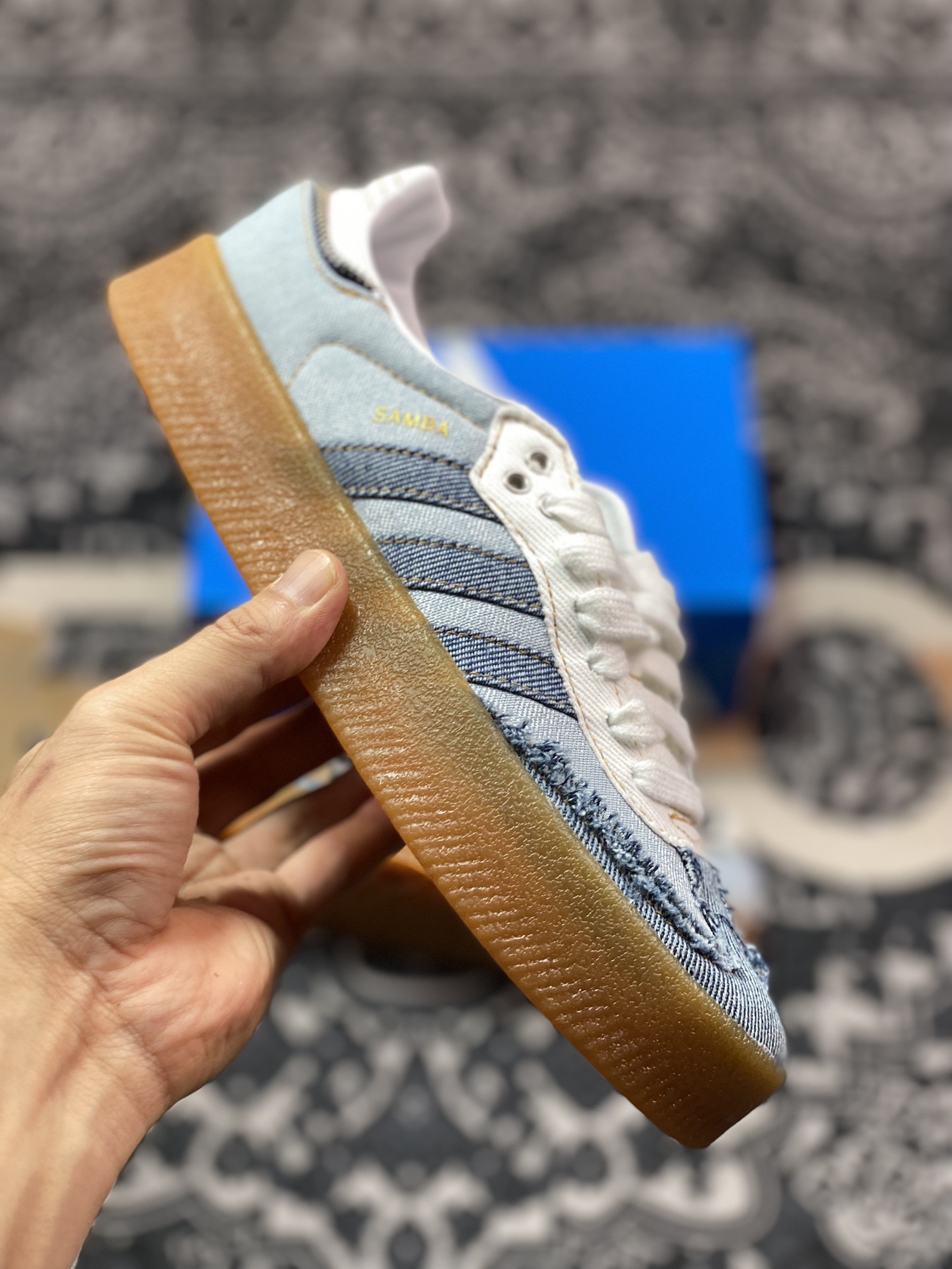 Atmos x Adidas Originals Sambae”Stacked Denim”桑巴舞加大厚底板鞋“拉链牛仔浅蓝深蓝生胶底”II0001