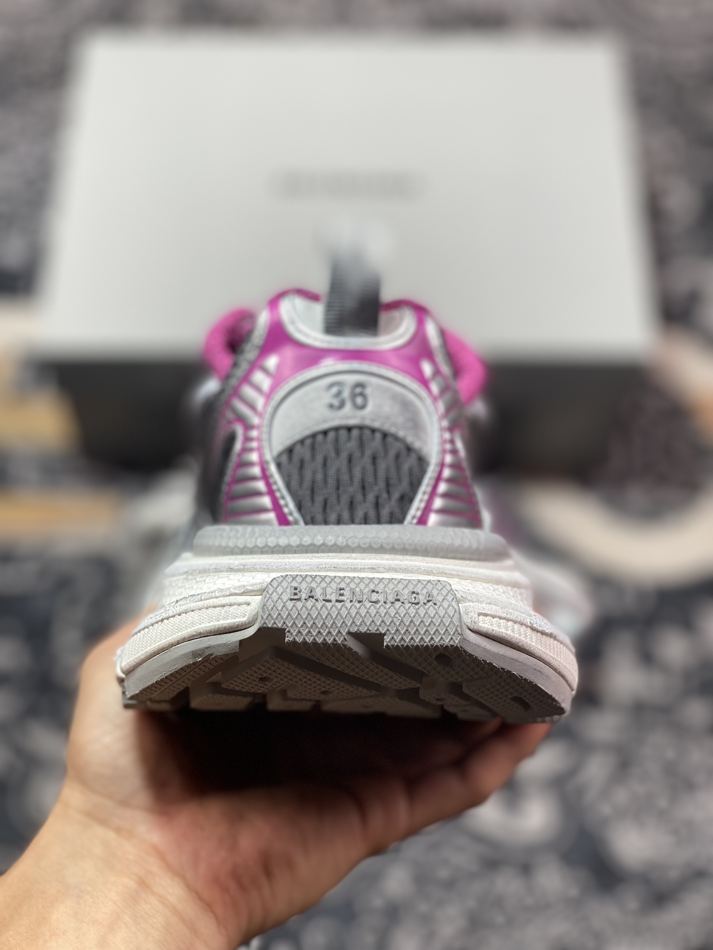 巴黎世家BALENCIAGA 3XL Sneakers 3+系列低帮复古阔型底姥爹慢跑鞋“网织金属银深灰玫紫”734731 W3XLG 0315