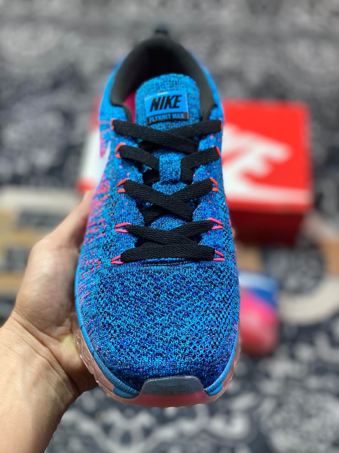 耐克Nike Flyknit Air Max”Blue Glow Pink”系列低帮飞线针织休闲气垫慢跑鞋“针织宝蓝粉白”620469-014