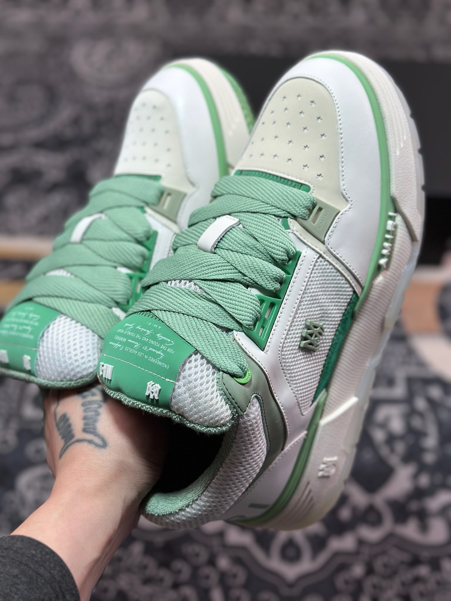 D6550   埃米尔/Amiri Stadium Low-Top Sneakers 运动系列低帮增高板鞋“皮革白薄荷绿”