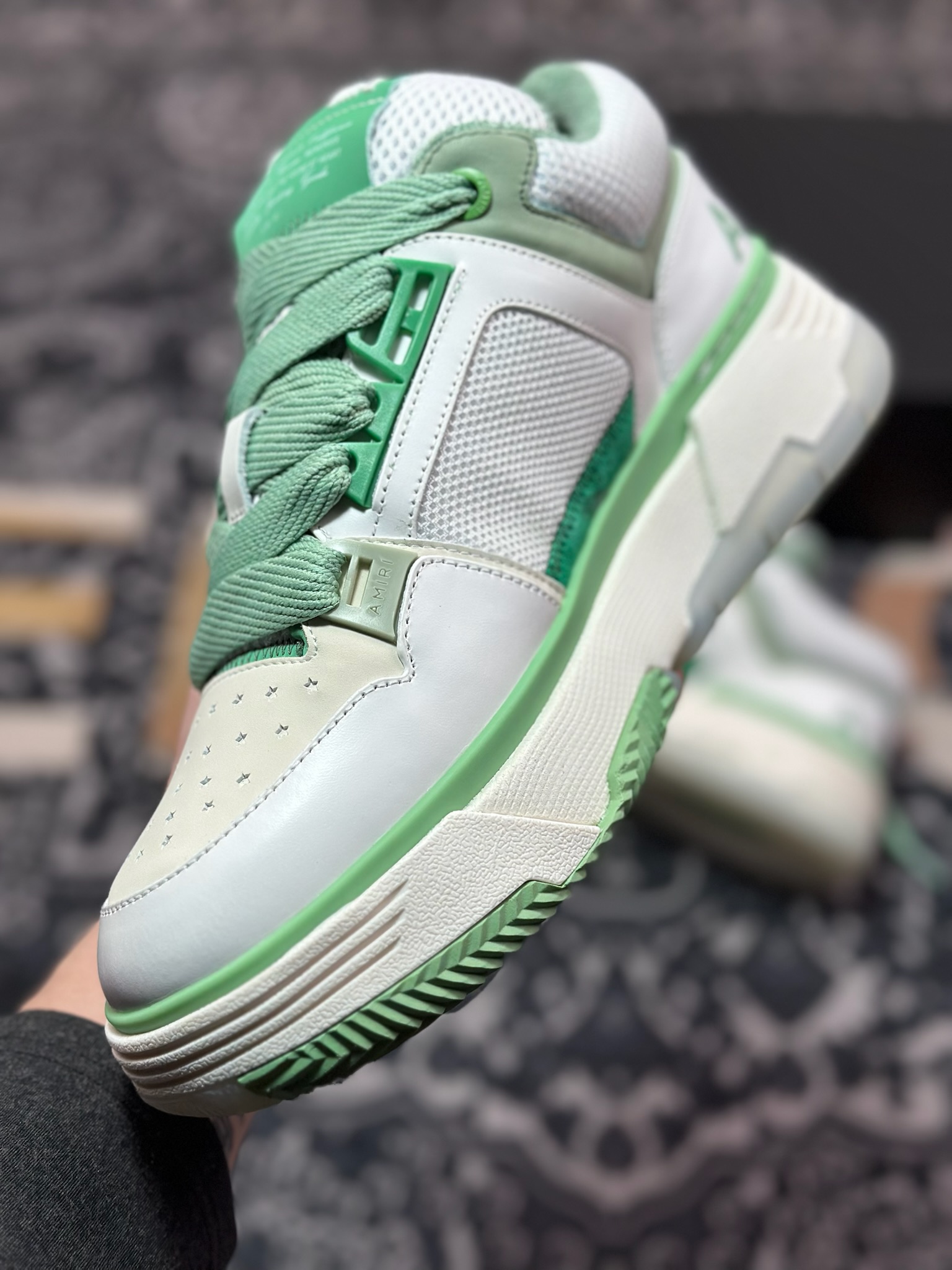 D6550   埃米尔/Amiri Stadium Low-Top Sneakers 运动系列低帮增高板鞋“皮革白薄荷绿”