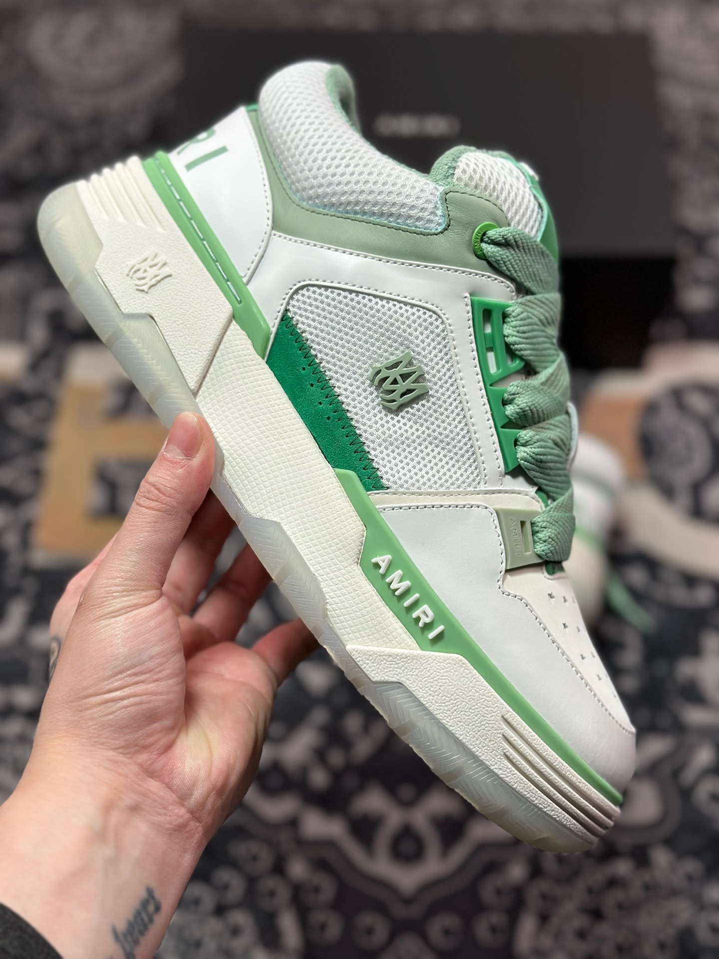 D6550   埃米尔/Amiri Stadium Low-Top Sneakers 运动系列低帮增高板鞋“皮革白薄荷绿”