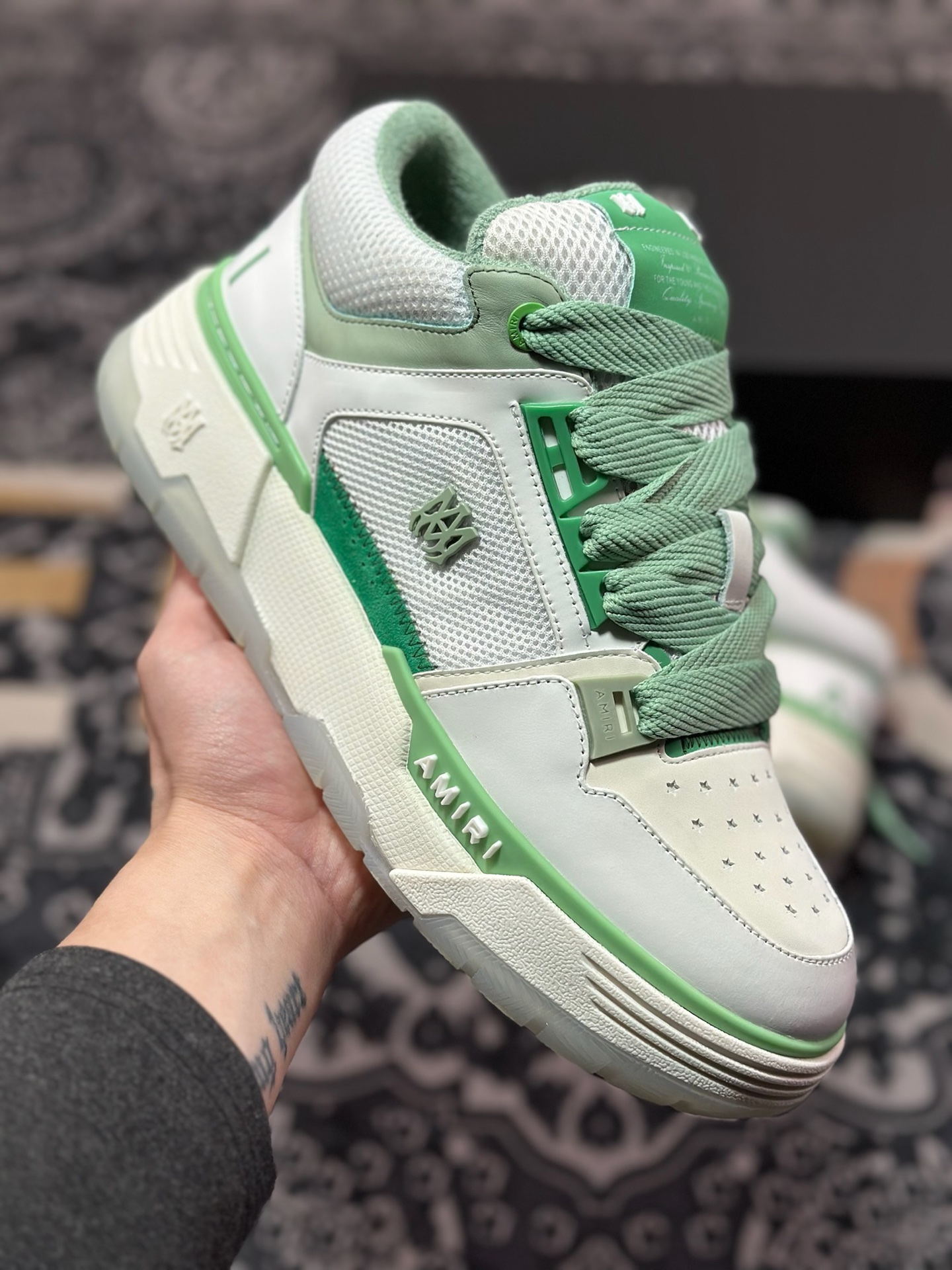 D6550   埃米尔/Amiri Stadium Low-Top Sneakers 运动系列低帮增高板鞋“皮革白薄荷绿”