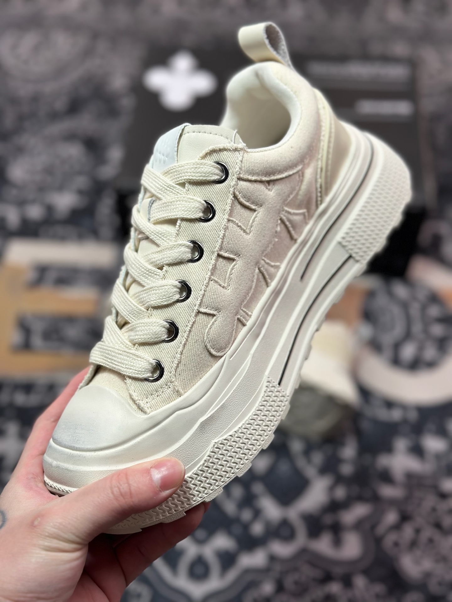 B0220  SHOOTBRAND Low Sneaker 重奏黑梅系列增高复古低帮鞋“帆布米白梅花” CZ-HEI