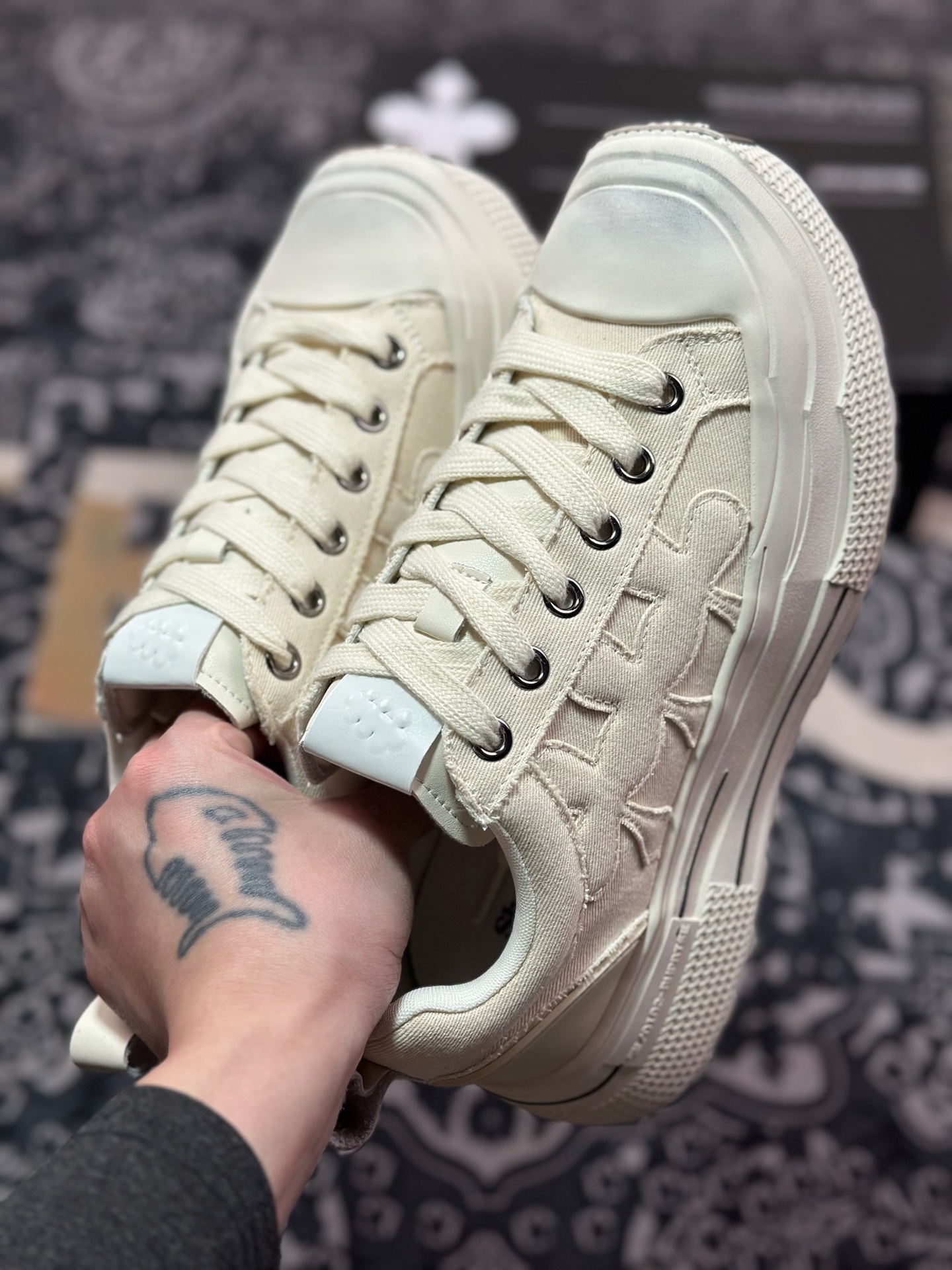 B0220  SHOOTBRAND Low Sneaker 重奏黑梅系列增高复古低帮鞋“帆布米白梅花” CZ-HEI