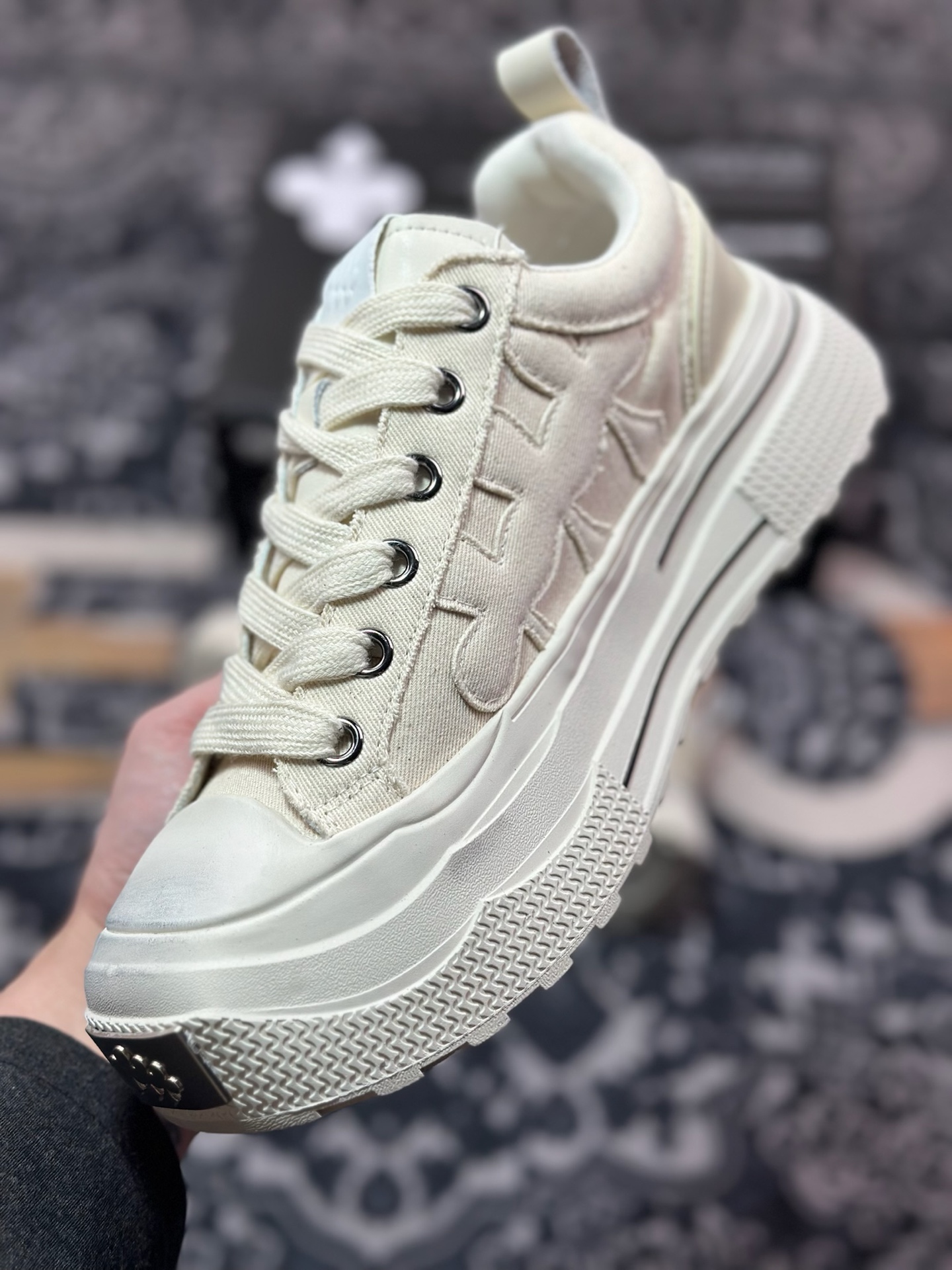 B0220  SHOOTBRAND Low Sneaker 重奏黑梅系列增高复古低帮鞋“帆布米白梅花” CZ-HEI