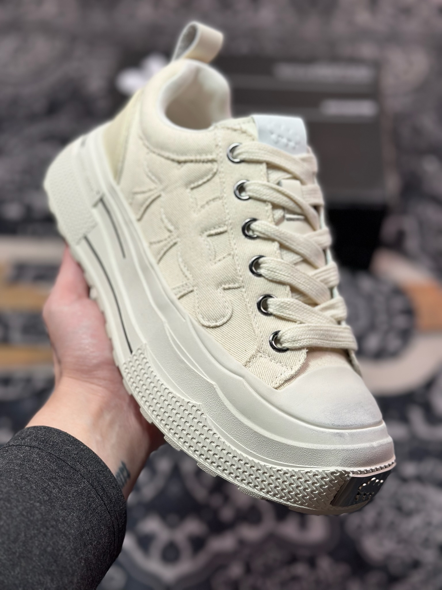 B0220  SHOOTBRAND Low Sneaker 重奏黑梅系列增高复古低帮鞋“帆布米白梅花” CZ-HEI