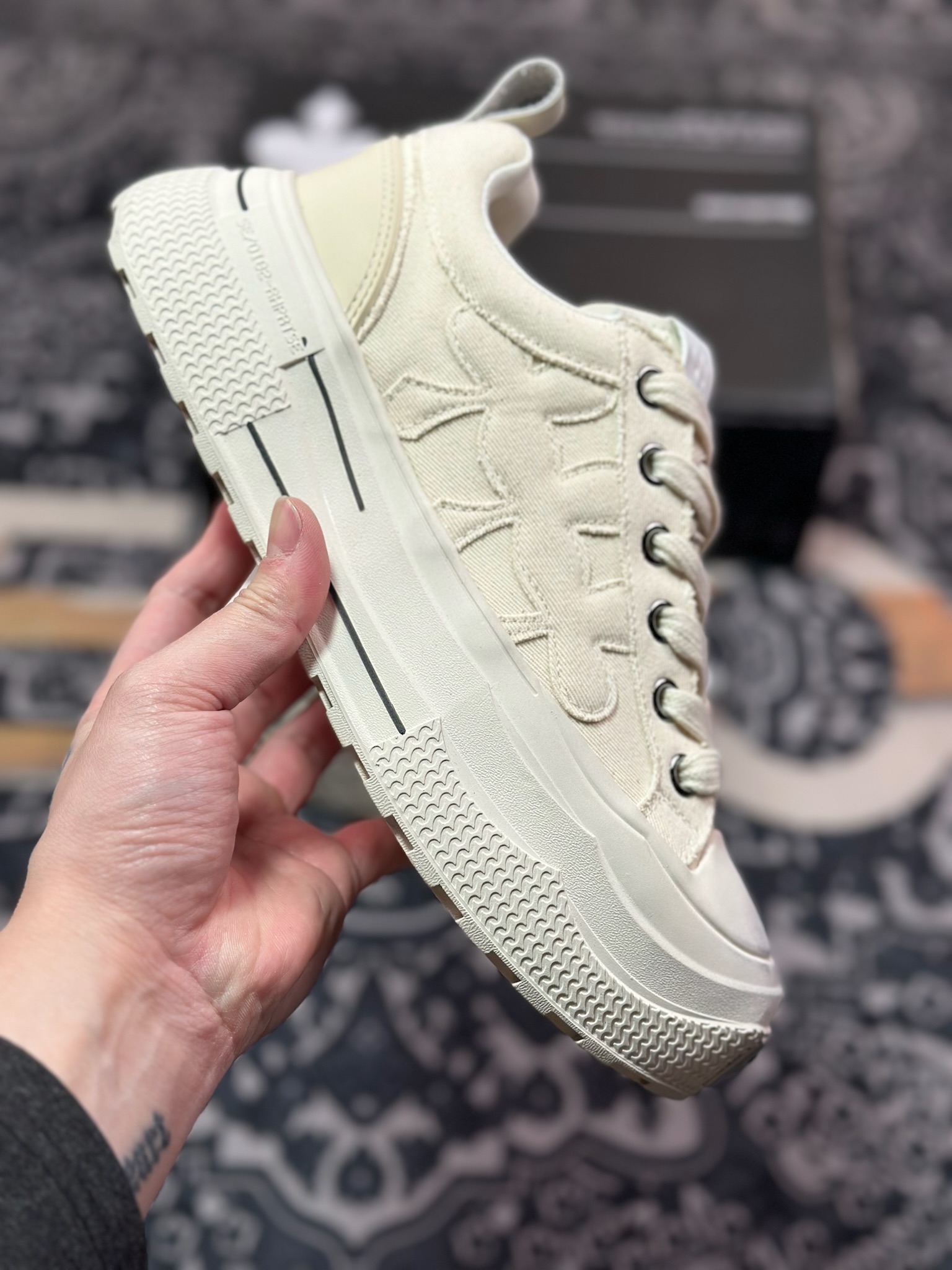B0220  SHOOTBRAND Low Sneaker 重奏黑梅系列增高复古低帮鞋“帆布米白梅花” CZ-HEI