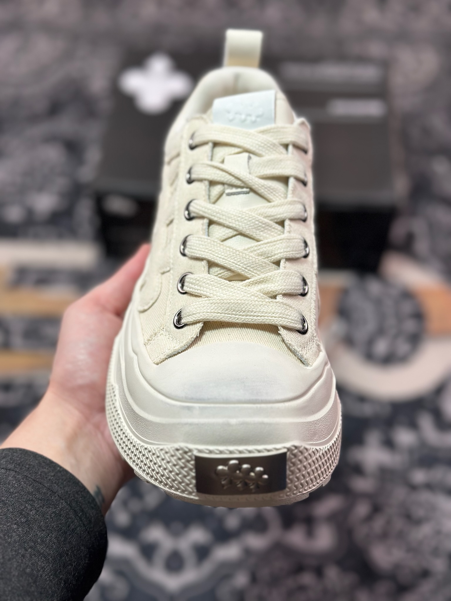 B0220  SHOOTBRAND Low Sneaker 重奏黑梅系列增高复古低帮鞋“帆布米白梅花” CZ-HEI