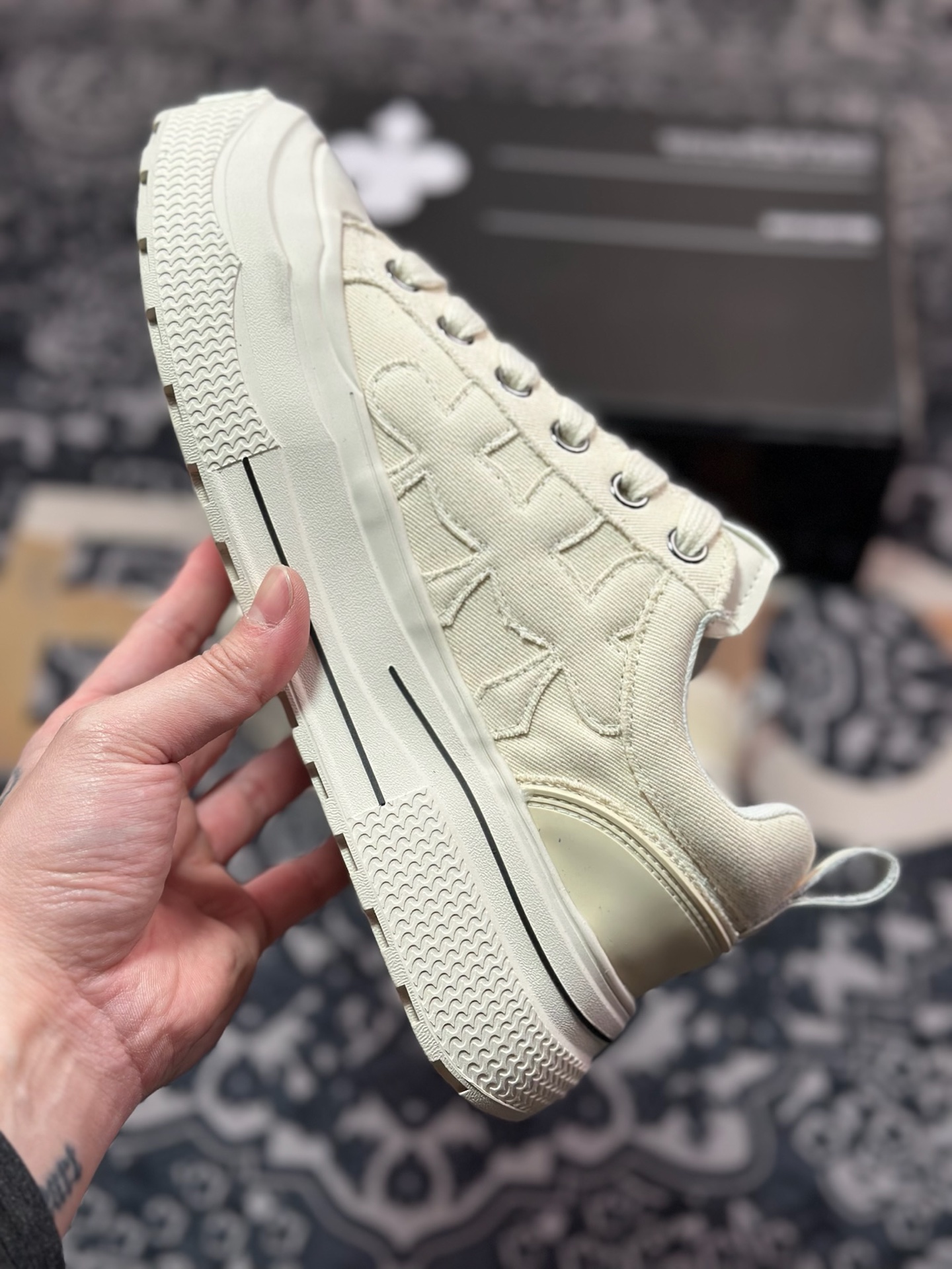 B0220  SHOOTBRAND Low Sneaker 重奏黑梅系列增高复古低帮鞋“帆布米白梅花” CZ-HEI