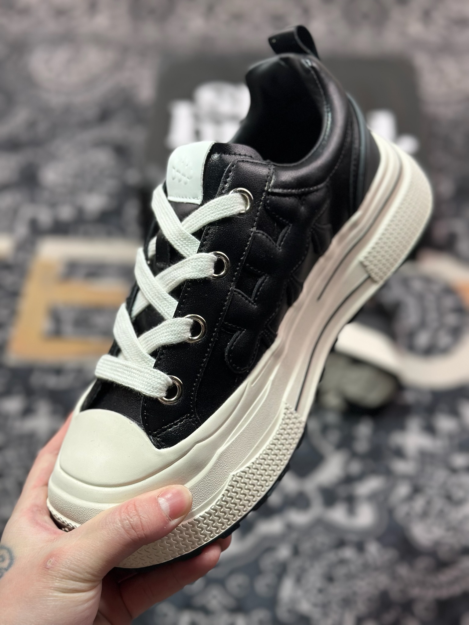 B0220  SHOOTBRAND Low Sneaker 重奏黑梅系列增高复古低帮鞋“皮革黑白梅花” CZ-HM