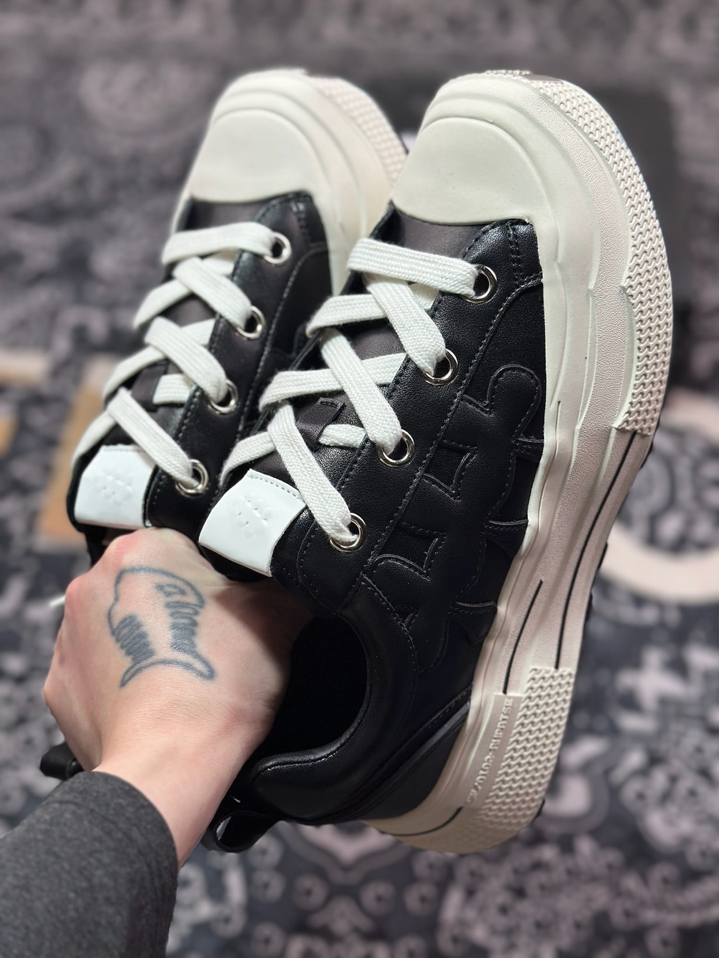 B0220  SHOOTBRAND Low Sneaker 重奏黑梅系列增高复古低帮鞋“皮革黑白梅花” CZ-HM