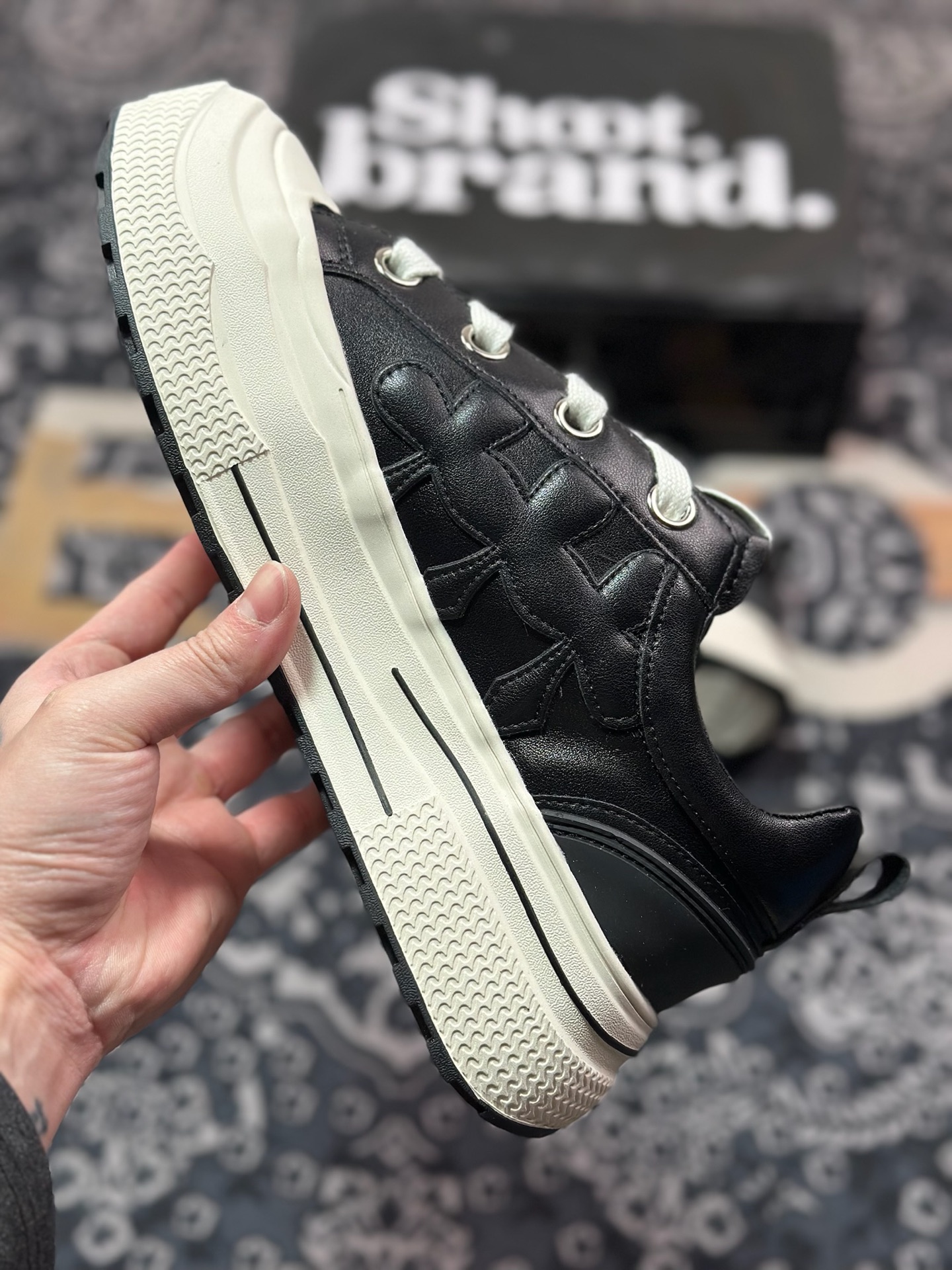 B0220  SHOOTBRAND Low Sneaker 重奏黑梅系列增高复古低帮鞋“皮革黑白梅花” CZ-HM