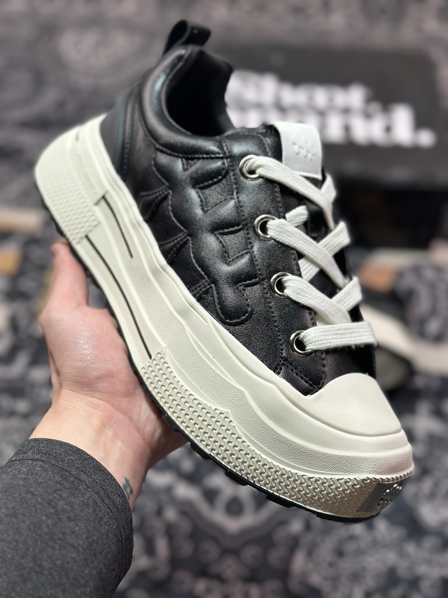 B0220  SHOOTBRAND Low Sneaker 重奏黑梅系列增高复古低帮鞋“皮革黑白梅花” CZ-HM