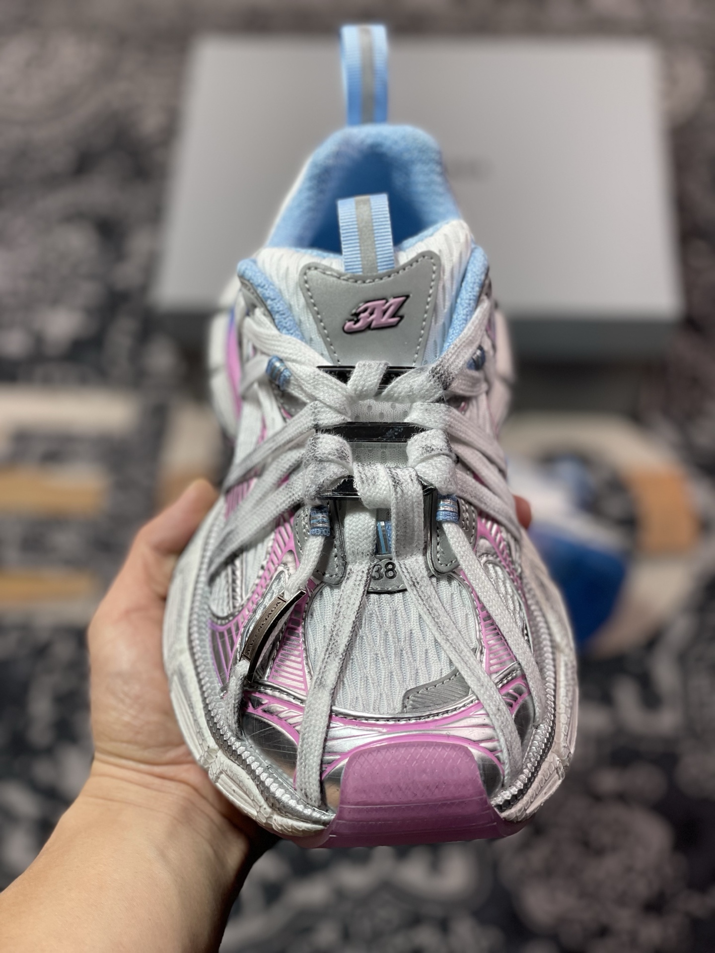 D2480  巴黎世家BALENCIAGA 3XL Sneakers 3+系列低帮复古阔型底姥爹慢跑鞋“白银蓝粉木乃伊绑绳” 825599 W3XCH 9145