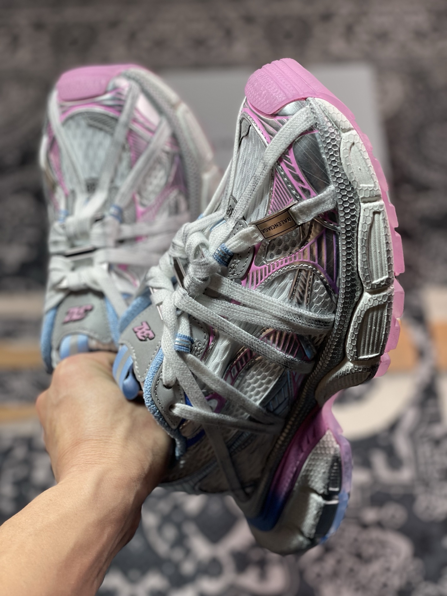 D2480  巴黎世家BALENCIAGA 3XL Sneakers 3+系列低帮复古阔型底姥爹慢跑鞋“白银蓝粉木乃伊绑绳” 825599 W3XCH 9145