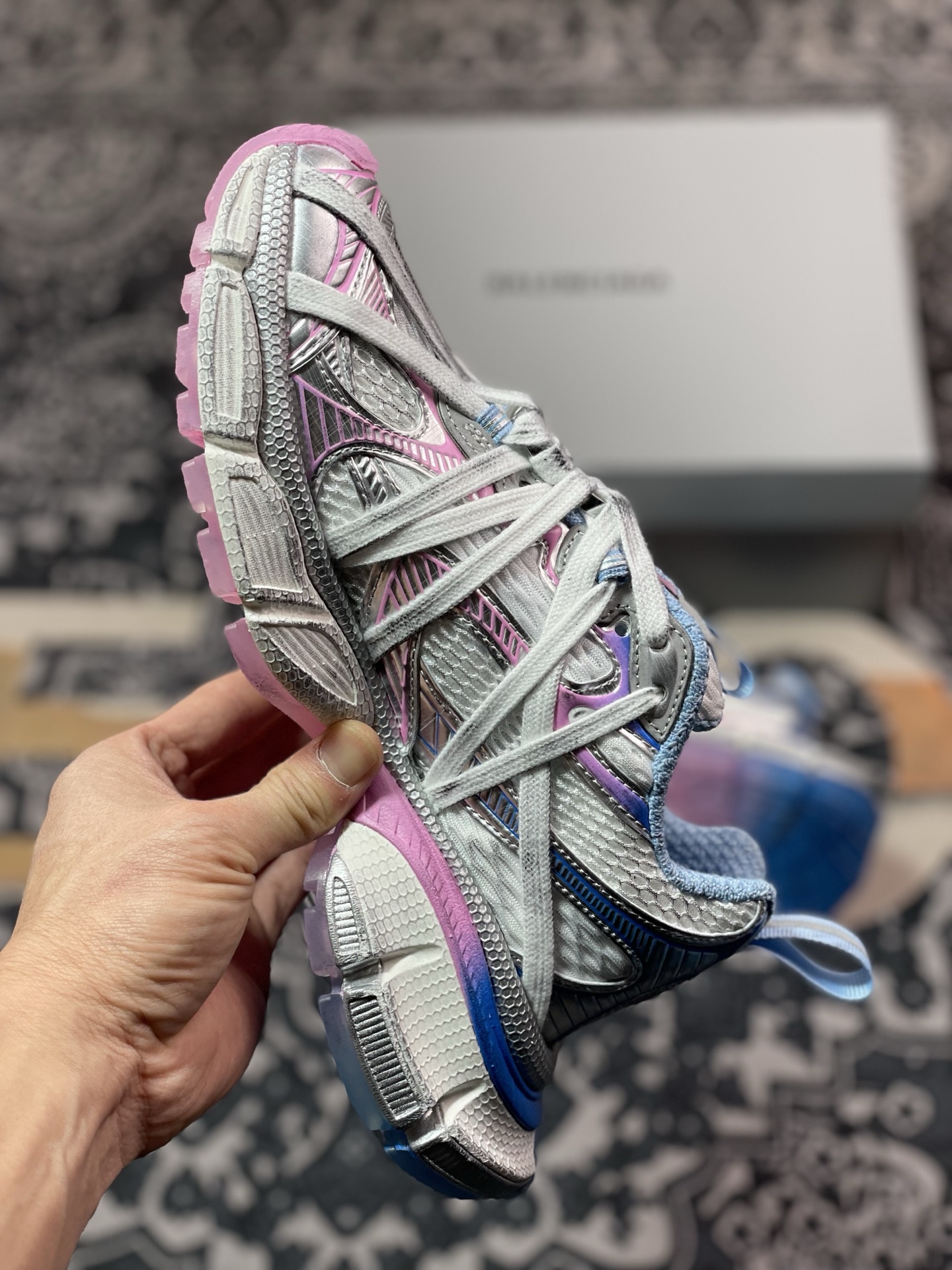 D2480  巴黎世家BALENCIAGA 3XL Sneakers 3+系列低帮复古阔型底姥爹慢跑鞋“白银蓝粉木乃伊绑绳” 825599 W3XCH 9145