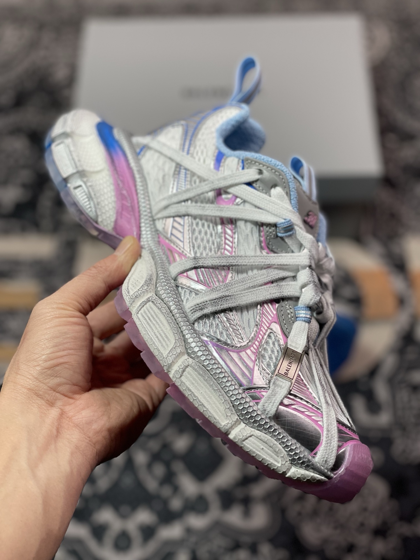 D2480  巴黎世家BALENCIAGA 3XL Sneakers 3+系列低帮复古阔型底姥爹慢跑鞋“白银蓝粉木乃伊绑绳” 825599 W3XCH 9145