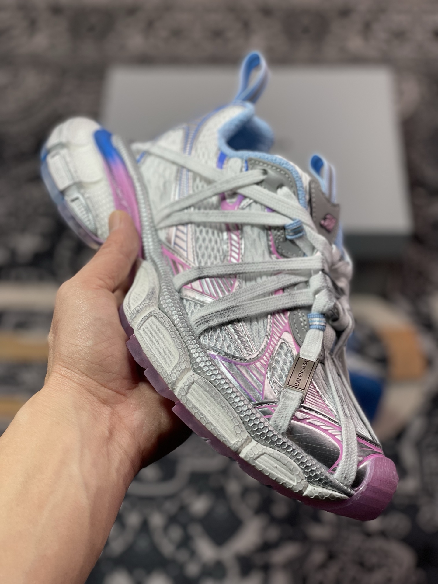 D2480  巴黎世家BALENCIAGA 3XL Sneakers 3+系列低帮复古阔型底姥爹慢跑鞋“白银蓝粉木乃伊绑绳” 825599 W3XCH 9145