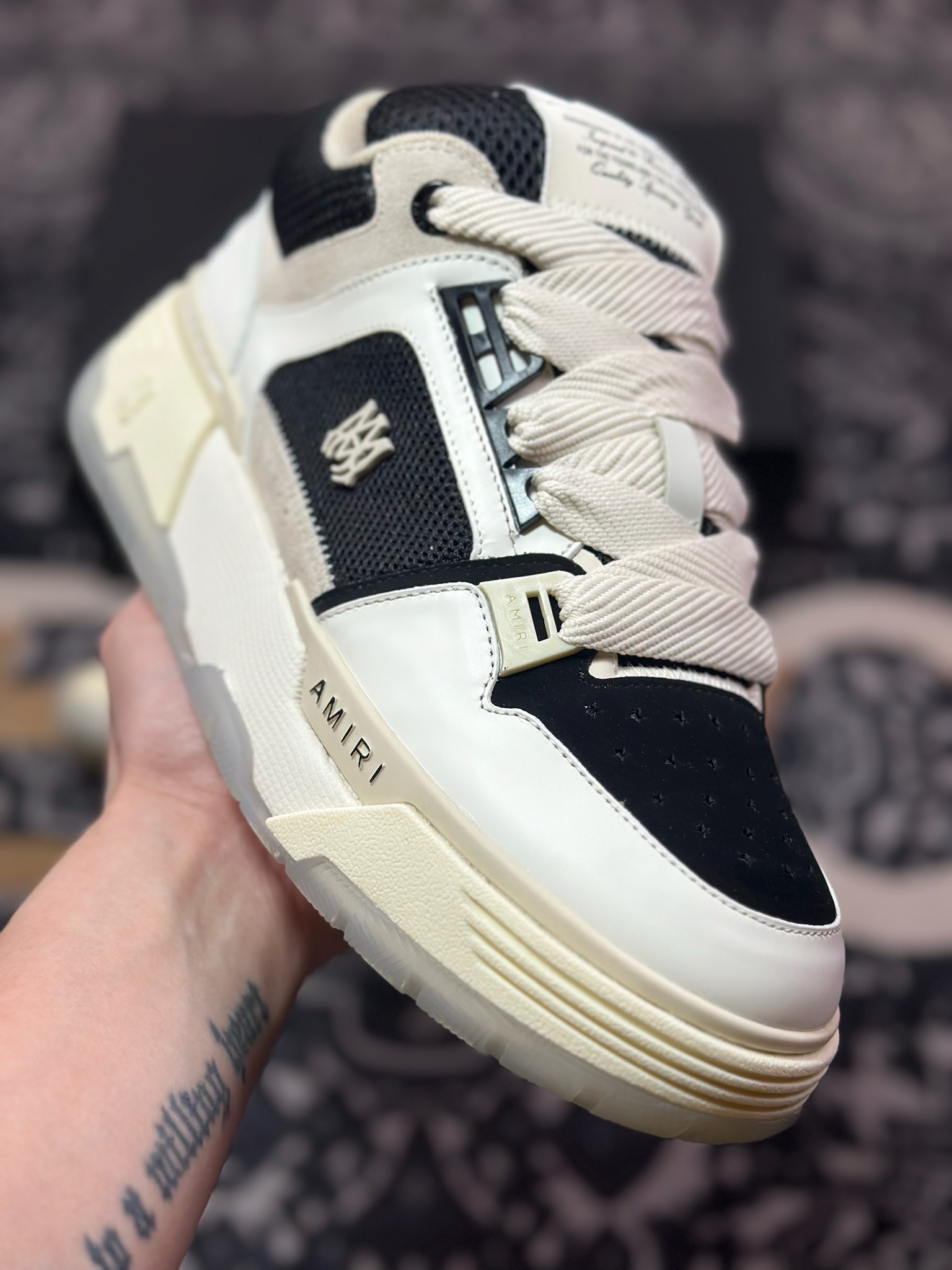 D6550  埃米尔/Amiri Stadium Low-Top Sneakers 运动系列低帮增高厚底板鞋“皮革骨白卡其黑”0400016250757