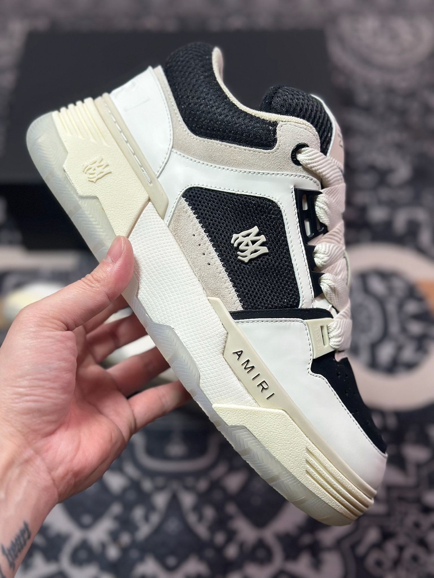 D6550  埃米尔/Amiri Stadium Low-Top Sneakers 运动系列低帮增高厚底板鞋“皮革骨白卡其黑”0400016250757