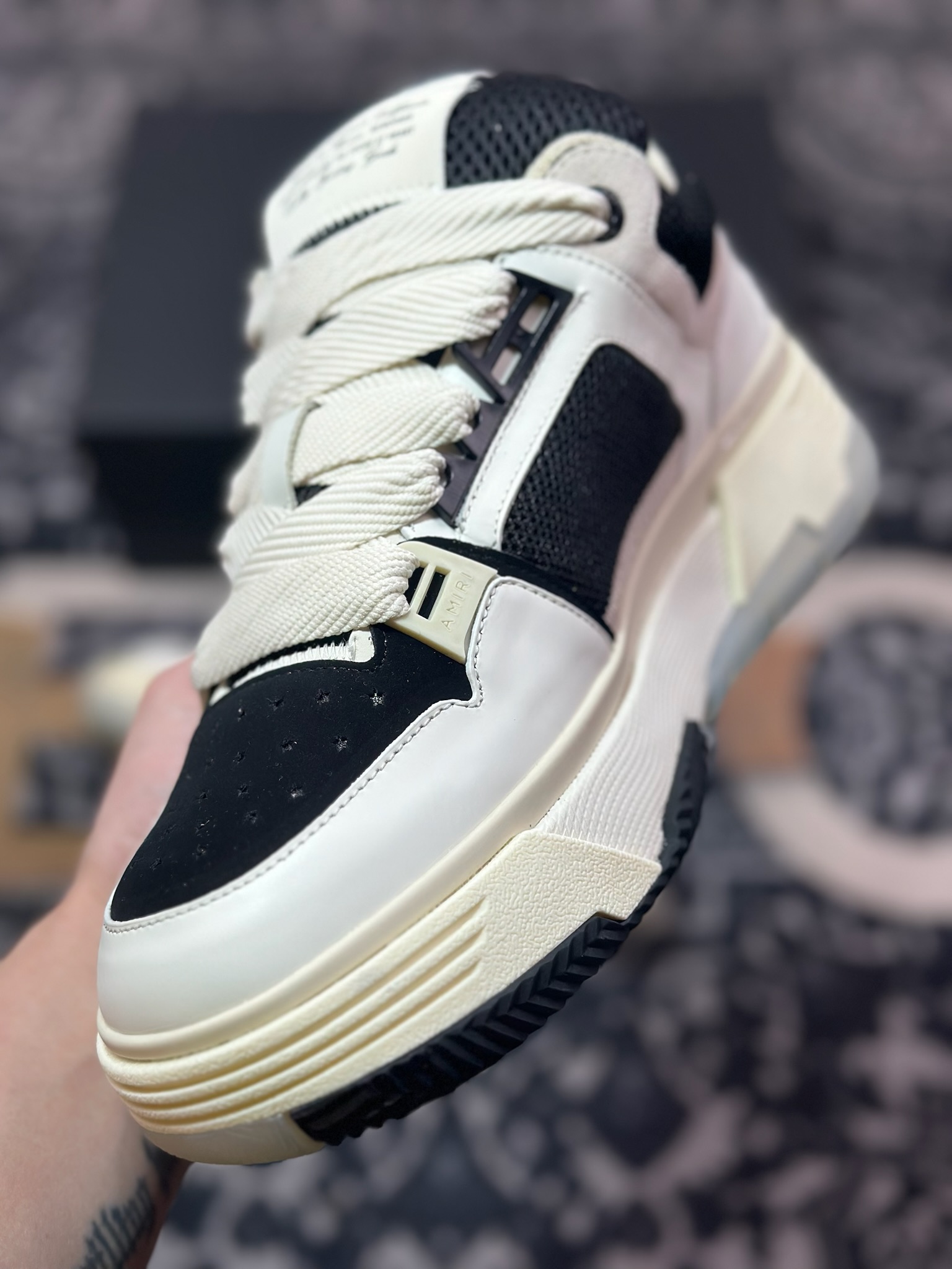 D6550  埃米尔/Amiri Stadium Low-Top Sneakers 运动系列低帮增高厚底板鞋“皮革骨白卡其黑”0400016250757