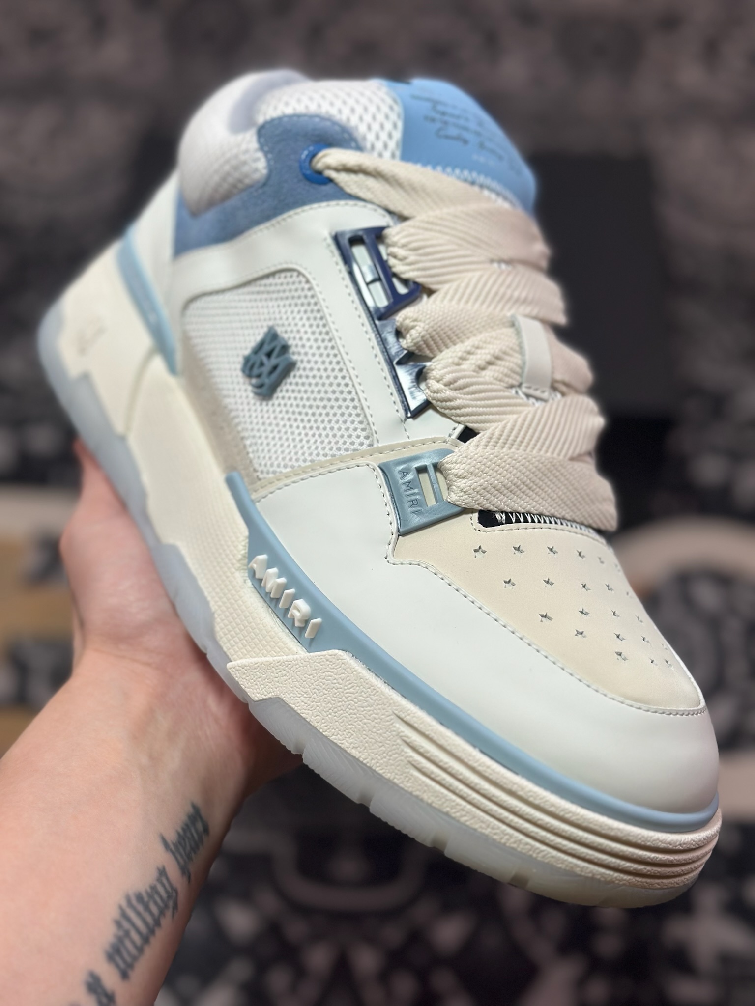 D6550   Amiri Stadium Low-Top Sneakers 运动系列低帮增高厚底板鞋“皮革白浅蓝” 0400016250759