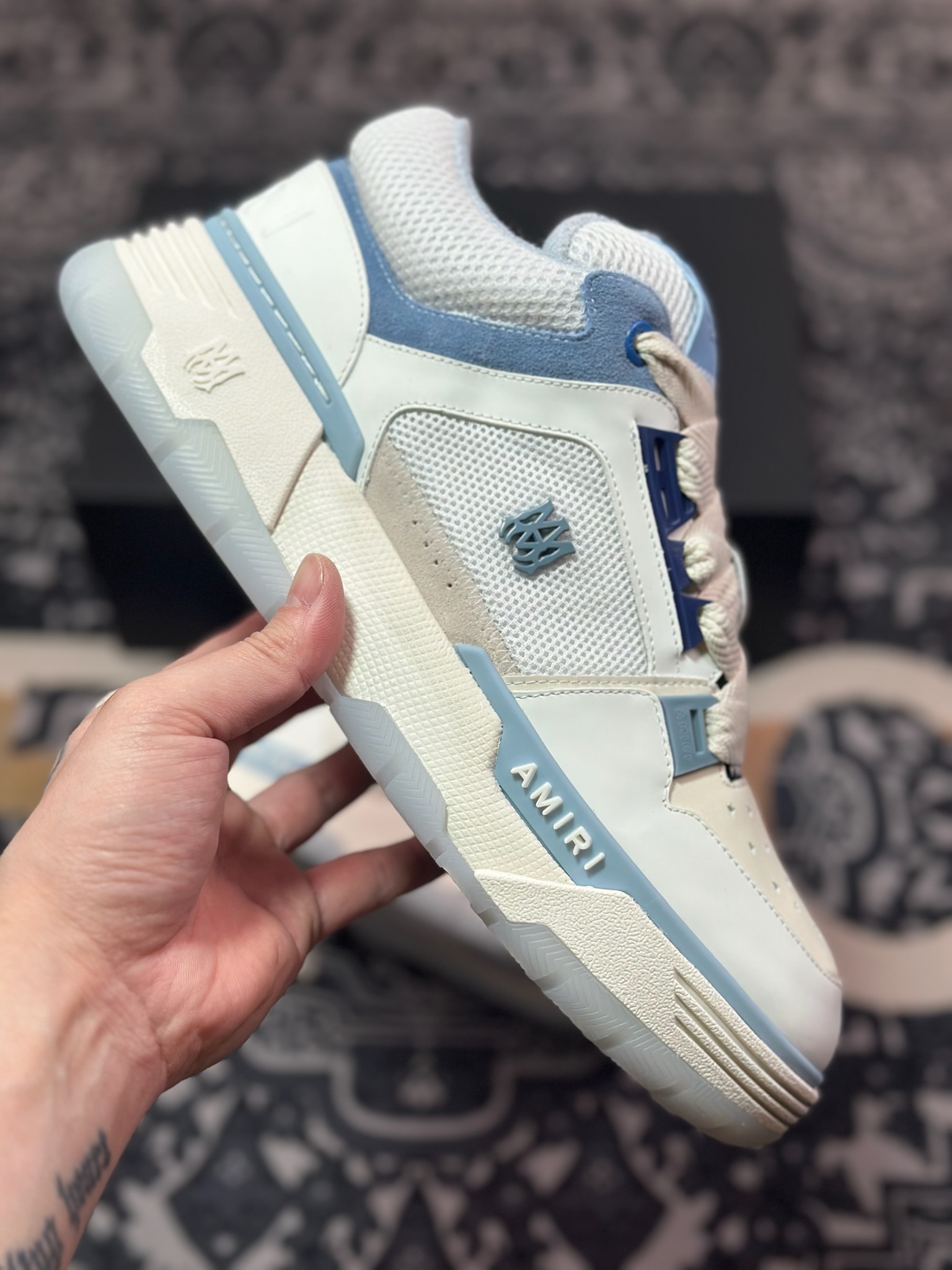 D6550   Amiri Stadium Low-Top Sneakers 运动系列低帮增高厚底板鞋“皮革白浅蓝” 0400016250759