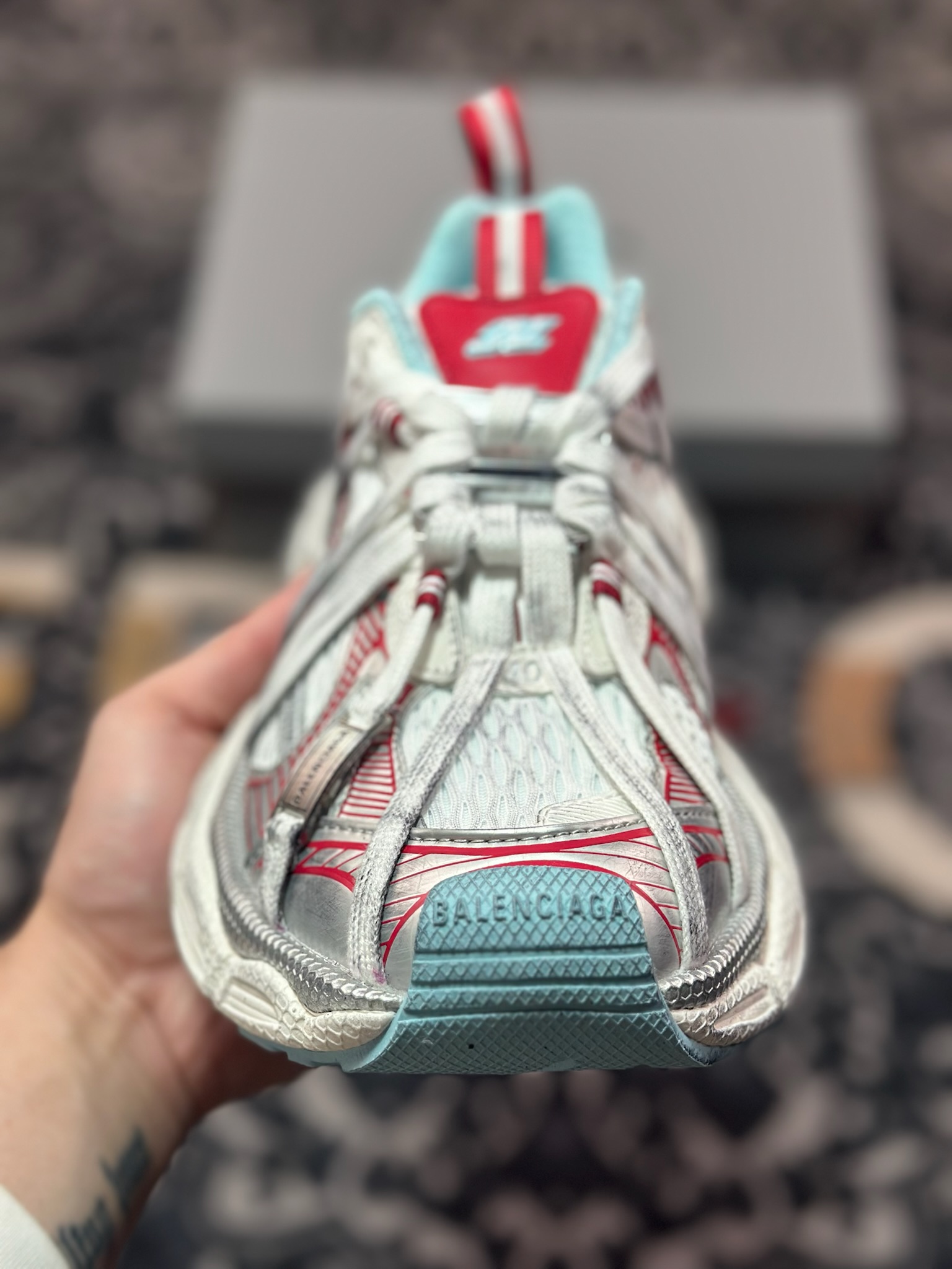 D2480   巴黎世家BALENCIAGA 3XL Sneakers 3+系列低帮复古阔型底姥爹慢跑鞋“白薄荷蓝红木乃伊绑绳”825601 W3XCH 1614