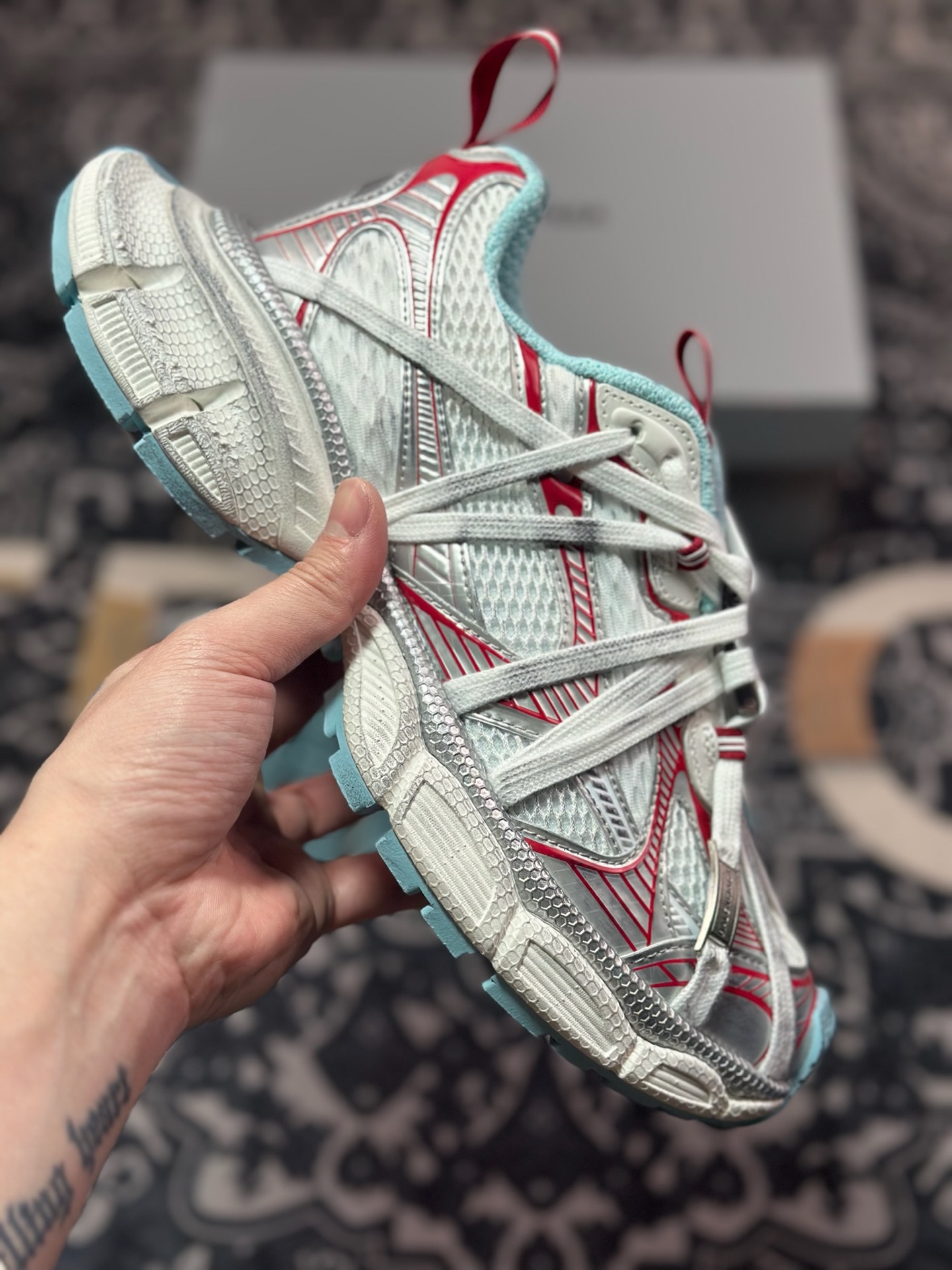 D2480   巴黎世家BALENCIAGA 3XL Sneakers 3+系列低帮复古阔型底姥爹慢跑鞋“白薄荷蓝红木乃伊绑绳”825601 W3XCH 1614