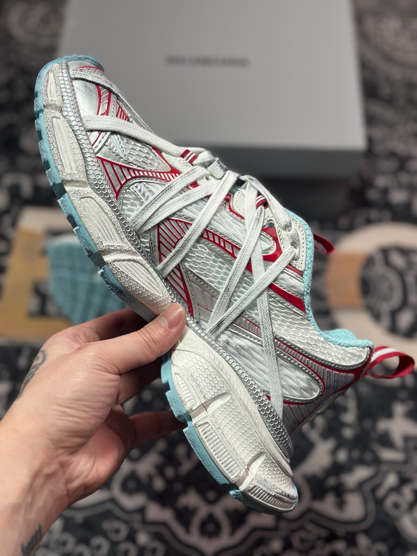 D2480   巴黎世家BALENCIAGA 3XL Sneakers 3+系列低帮复古阔型底姥爹慢跑鞋“白薄荷蓝红木乃伊绑绳”825601 W3XCH 1614
