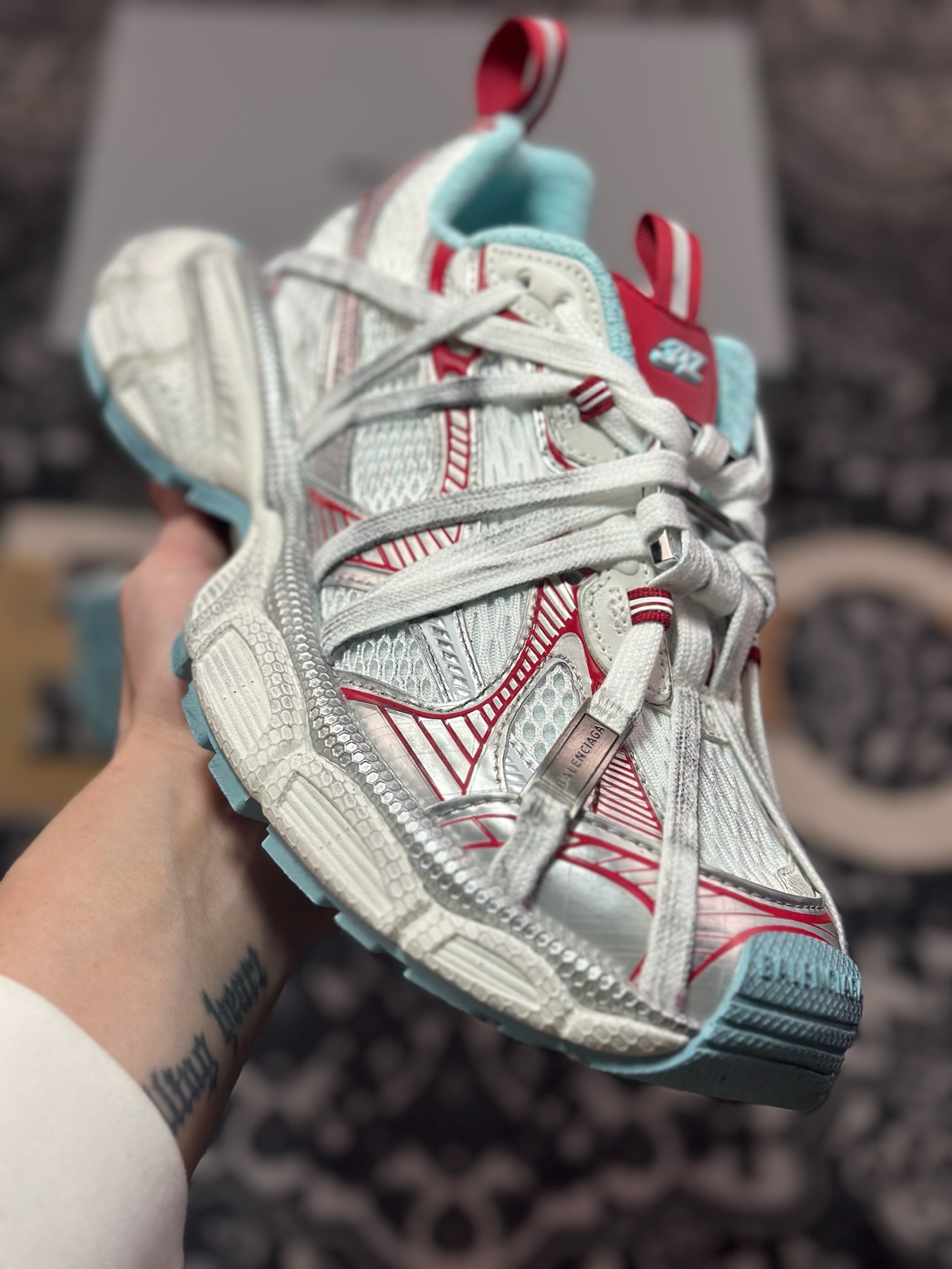 D2480   巴黎世家BALENCIAGA 3XL Sneakers 3+系列低帮复古阔型底姥爹慢跑鞋“白薄荷蓝红木乃伊绑绳”825601 W3XCH 1614