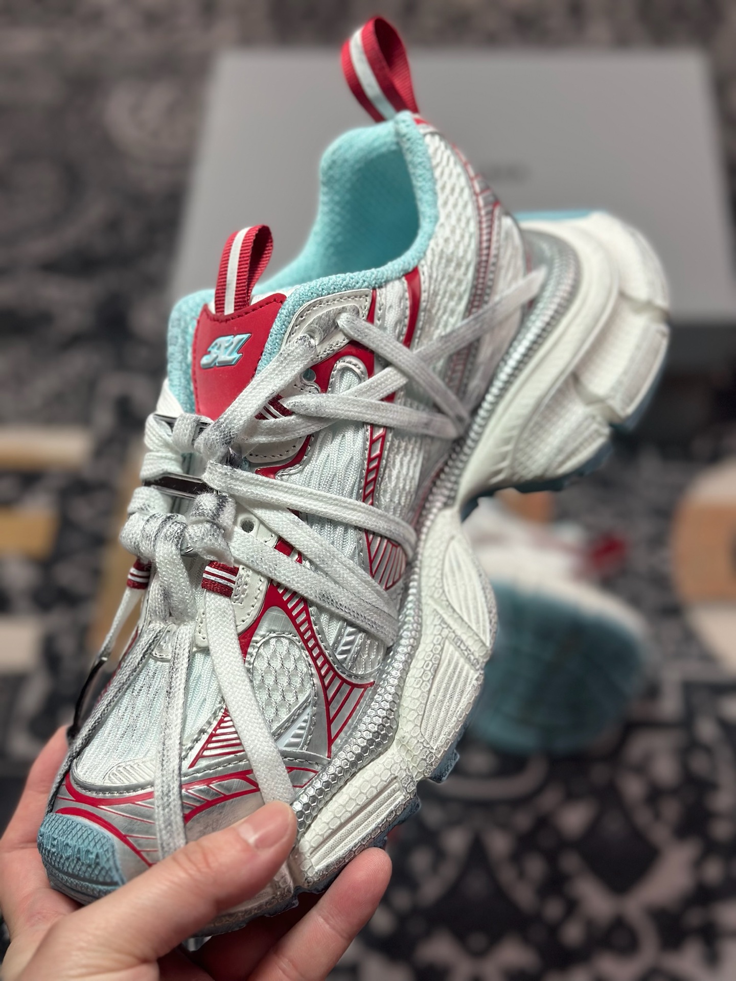 D2480   巴黎世家BALENCIAGA 3XL Sneakers 3+系列低帮复古阔型底姥爹慢跑鞋“白薄荷蓝红木乃伊绑绳”825601 W3XCH 1614
