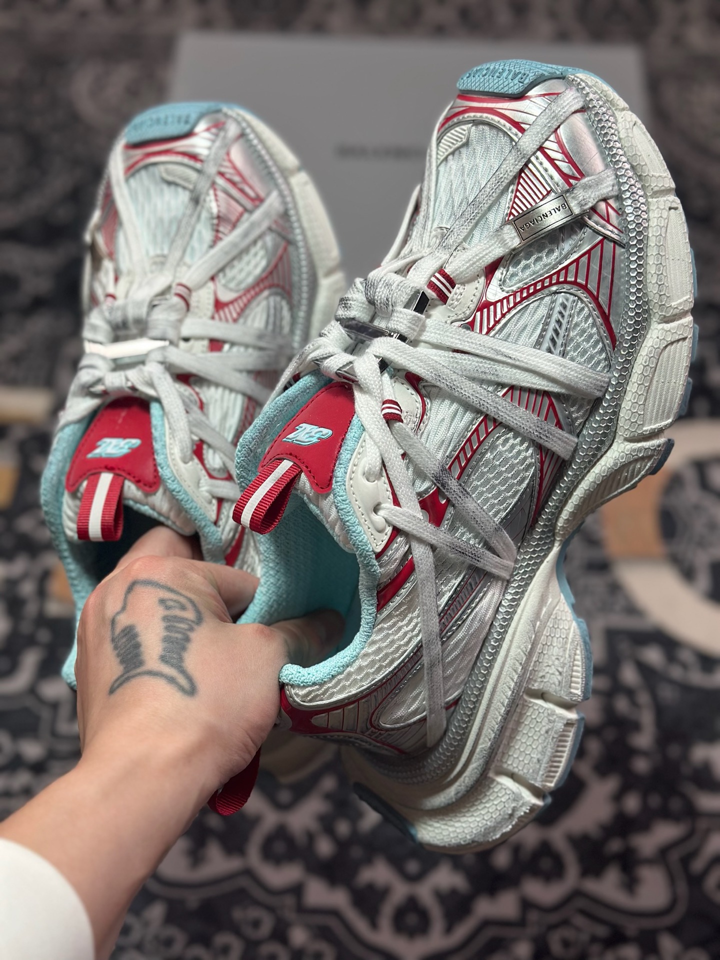 D2480   巴黎世家BALENCIAGA 3XL Sneakers 3+系列低帮复古阔型底姥爹慢跑鞋“白薄荷蓝红木乃伊绑绳”825601 W3XCH 1614