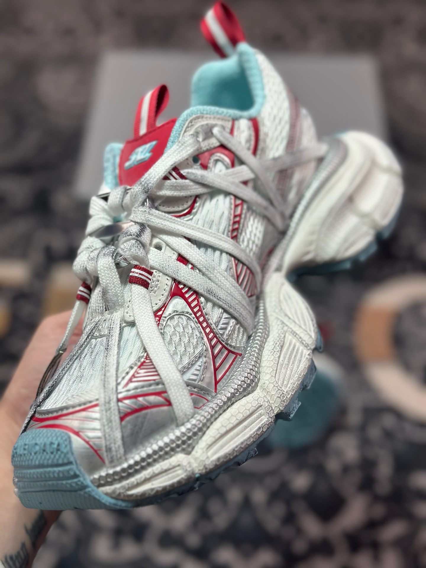 D2480   巴黎世家BALENCIAGA 3XL Sneakers 3+系列低帮复古阔型底姥爹慢跑鞋“白薄荷蓝红木乃伊绑绳”825601 W3XCH 1614