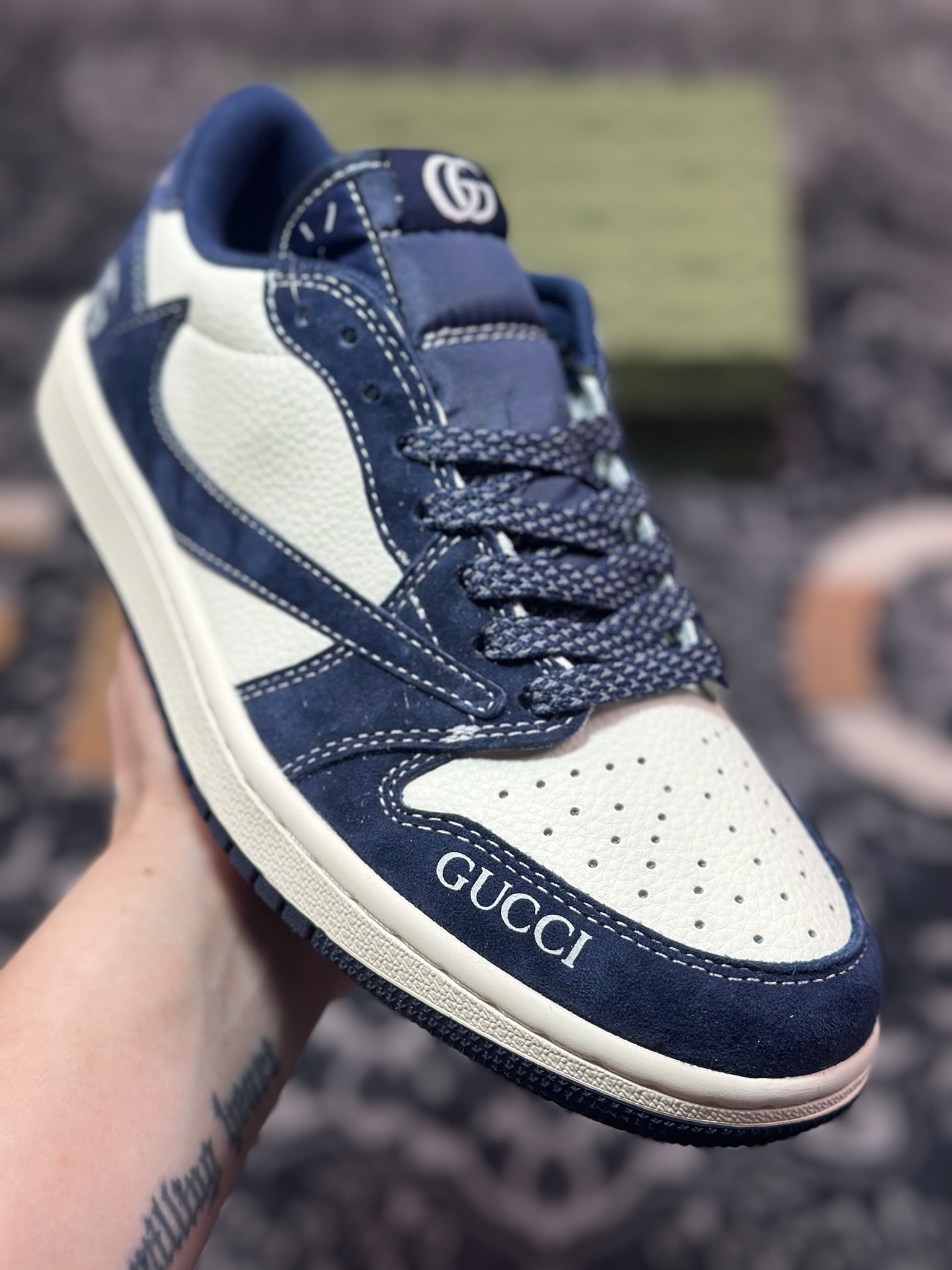 A8220 原装级别 Air Jordan 1 Low ”高端定制” 古驰米白深蓝倒钩 XS3086-006