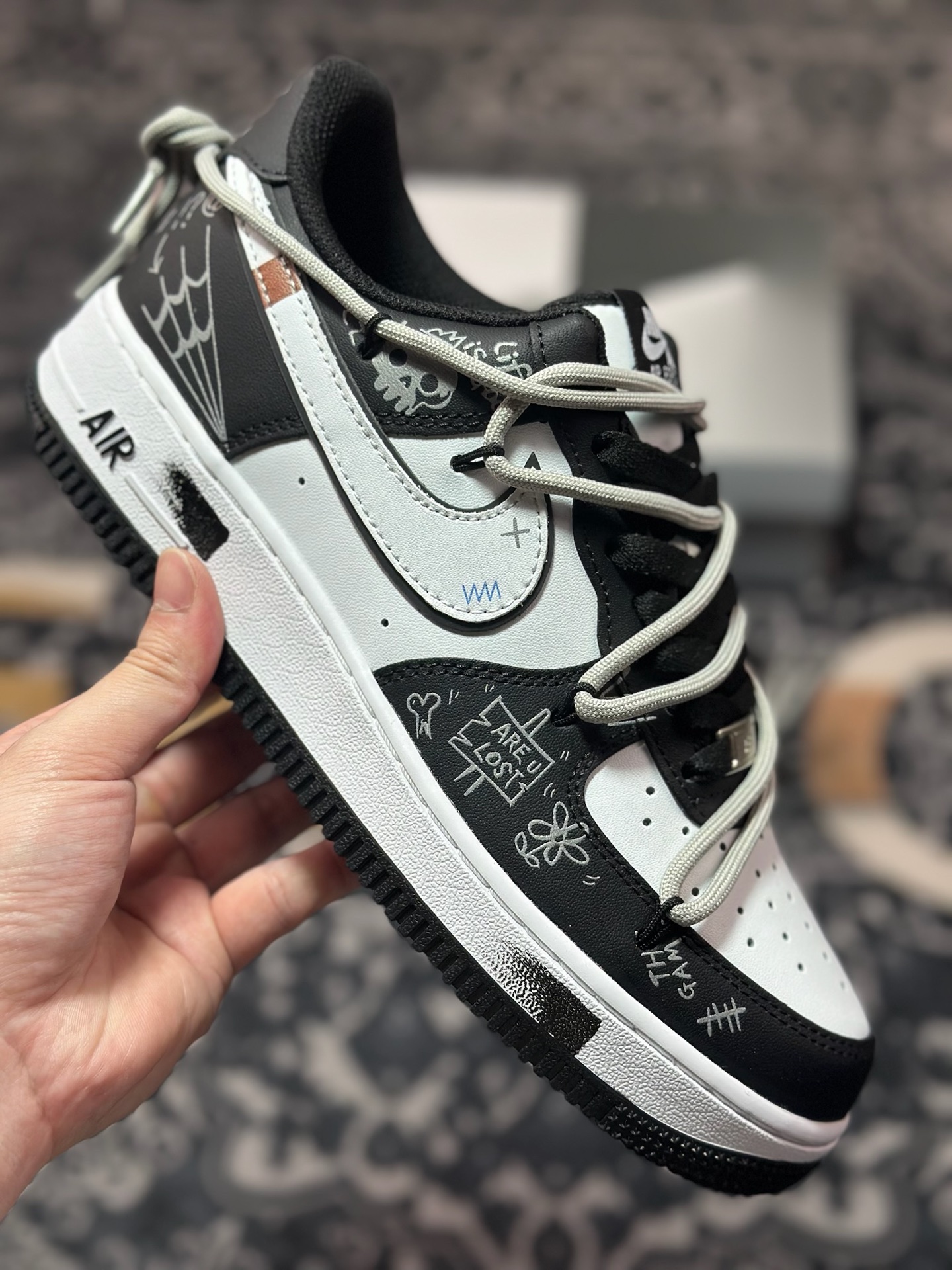 原装级别 定制球鞋Air Force 1 Low 黑白涂鸦解构 经典休闲运动板鞋 ZH0316-071