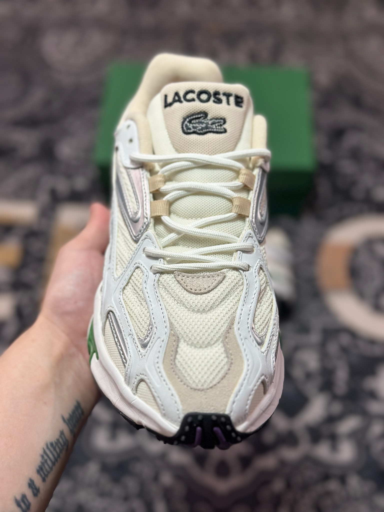 爆款LACOSTE法国鳄鱼 皮革 圆头系带厚底 低帮 生活休闲鞋 白绿色 47SMA0013