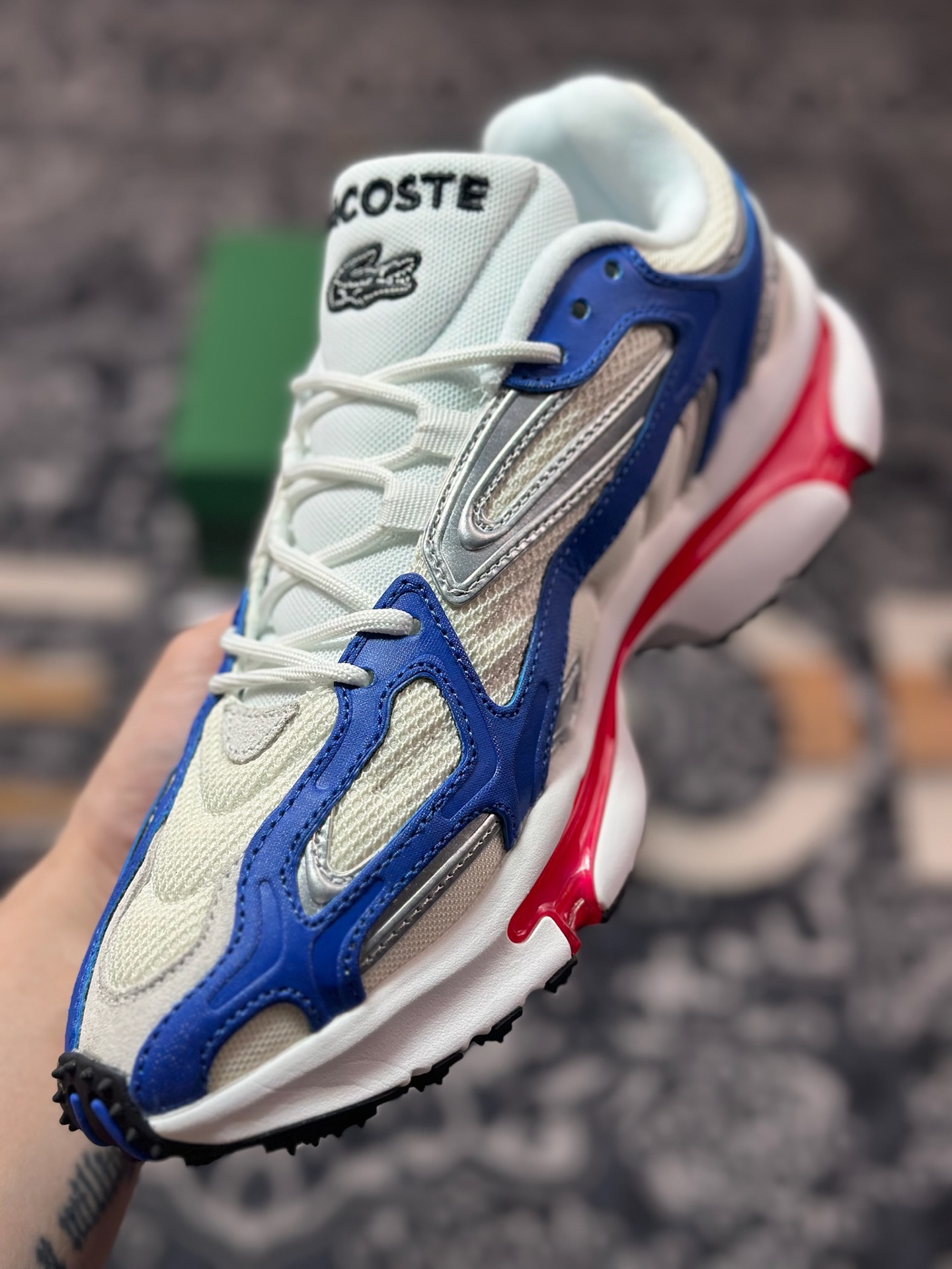 爆款LACOSTE法国鳄鱼 网布 圆头系带百搭 低帮 生活休闲鞋 白蓝色 47SMA0013