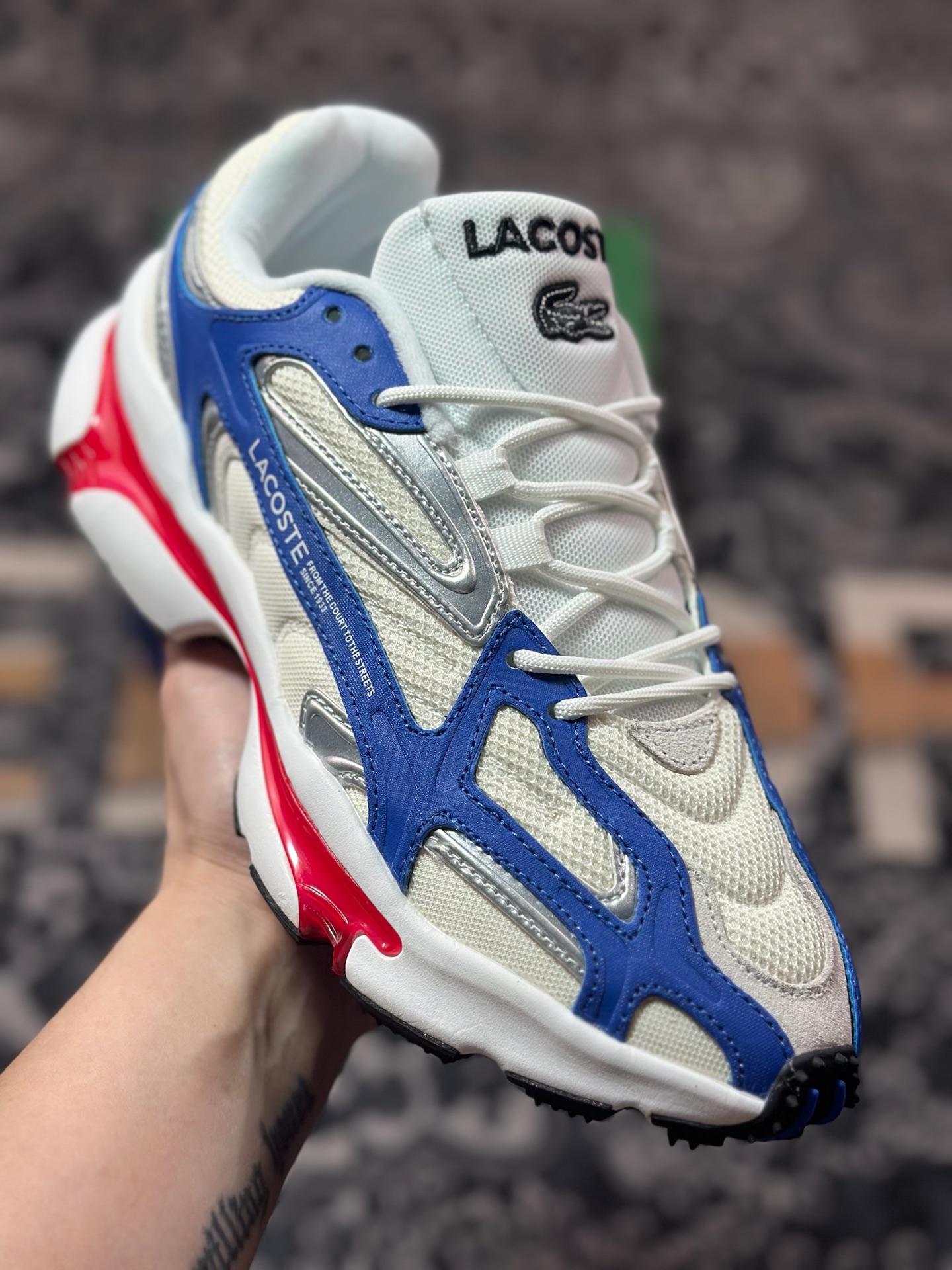 爆款LACOSTE法国鳄鱼 网布 圆头系带百搭 低帮 生活休闲鞋 白蓝色 47SMA0013
