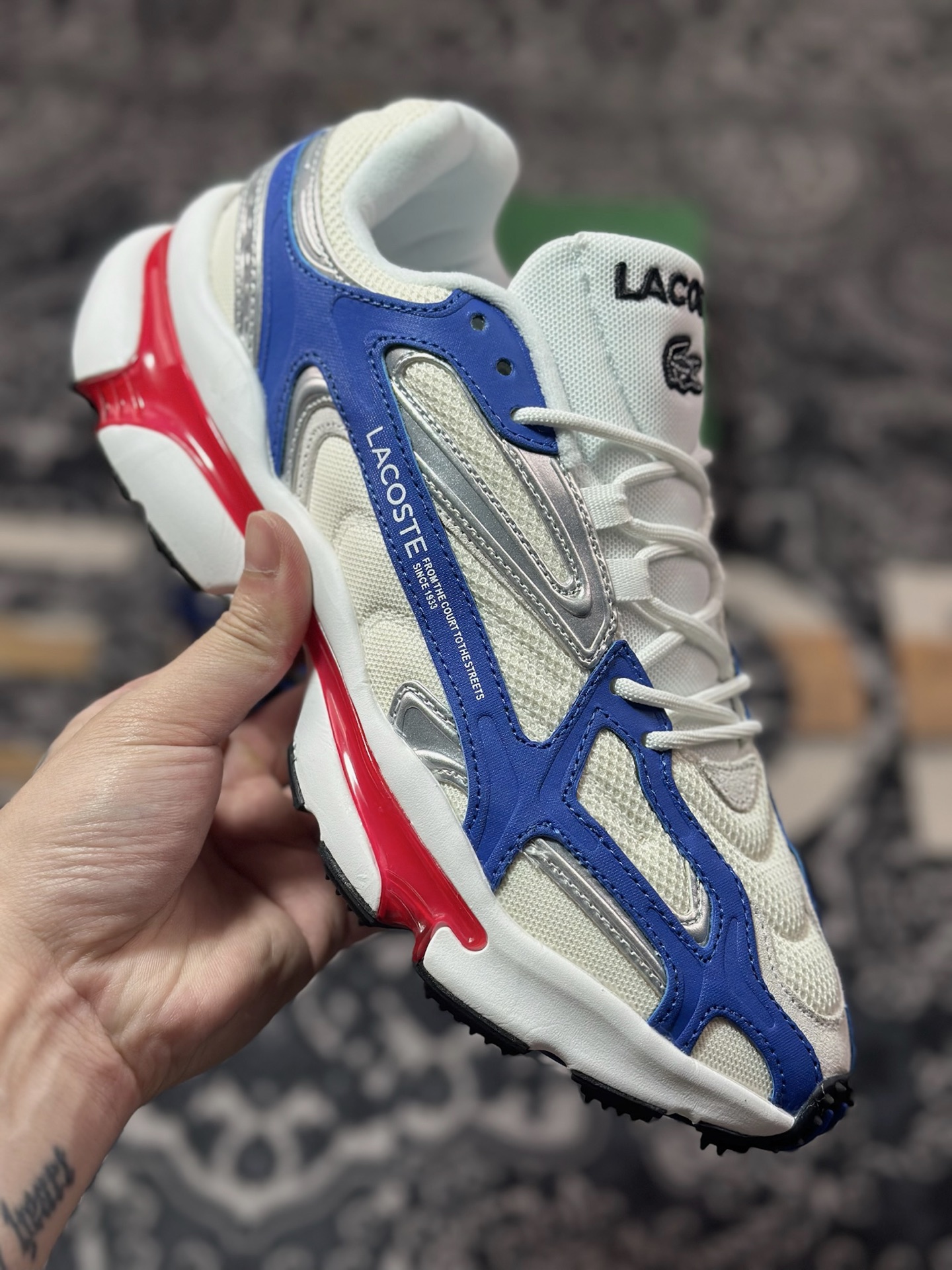 爆款LACOSTE法国鳄鱼 网布 圆头系带百搭 低帮 生活休闲鞋 白蓝色 47SMA0013
