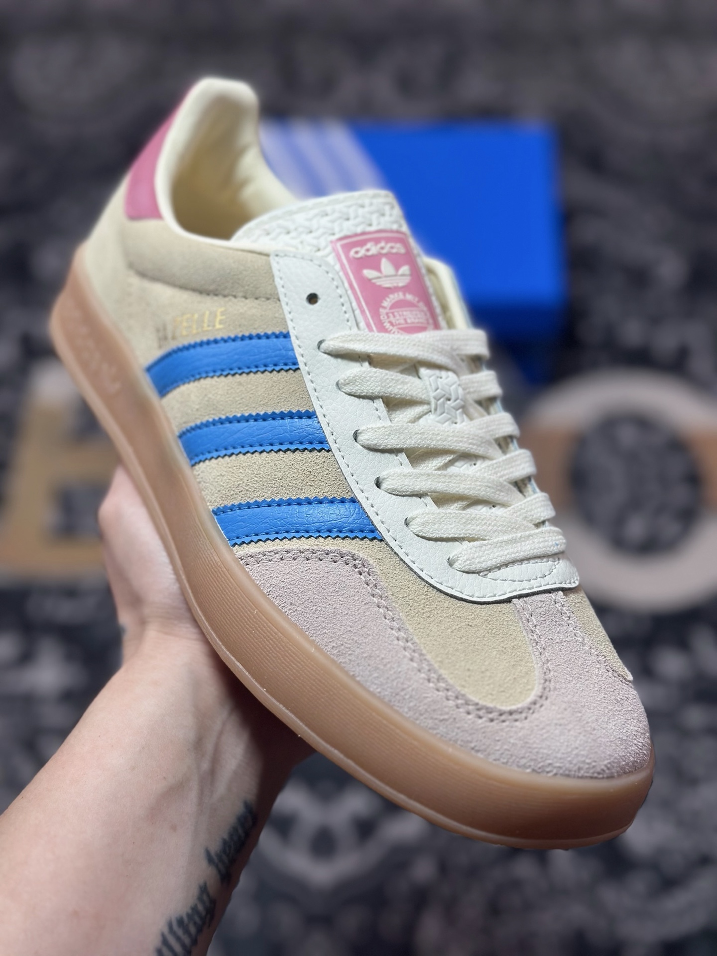 A460 原装级别 AD Originals Gazelle Indoor 粉蓝 三叶草复古休闲运动板鞋 JQ0010