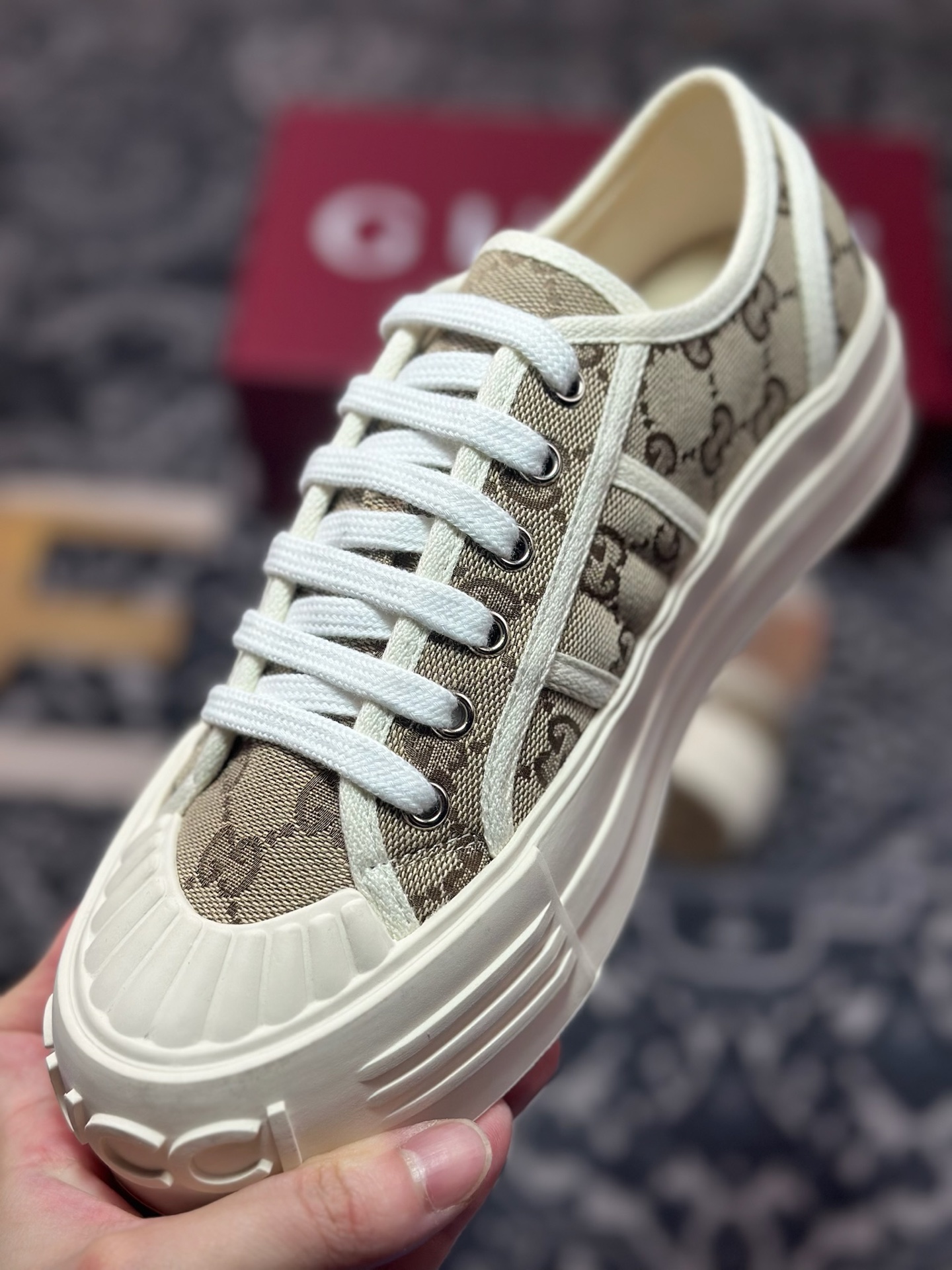 C0350 古驰Gucci Chunky Sneaker 1977厚底系列低帮运动板鞋“帆布乌木棕GG帆布”816879 FABZZ 9143