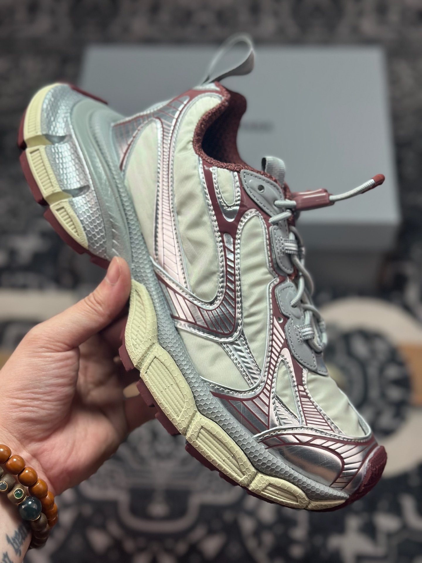 优选 原装级别 BALENCIAGA 3XL Sneakers 3+系列巴黎世家低帮复古阔型底姥爹风潮流百搭休闲慢跑鞋“网织浅灰银枣红” 734733 W3XNY 1100