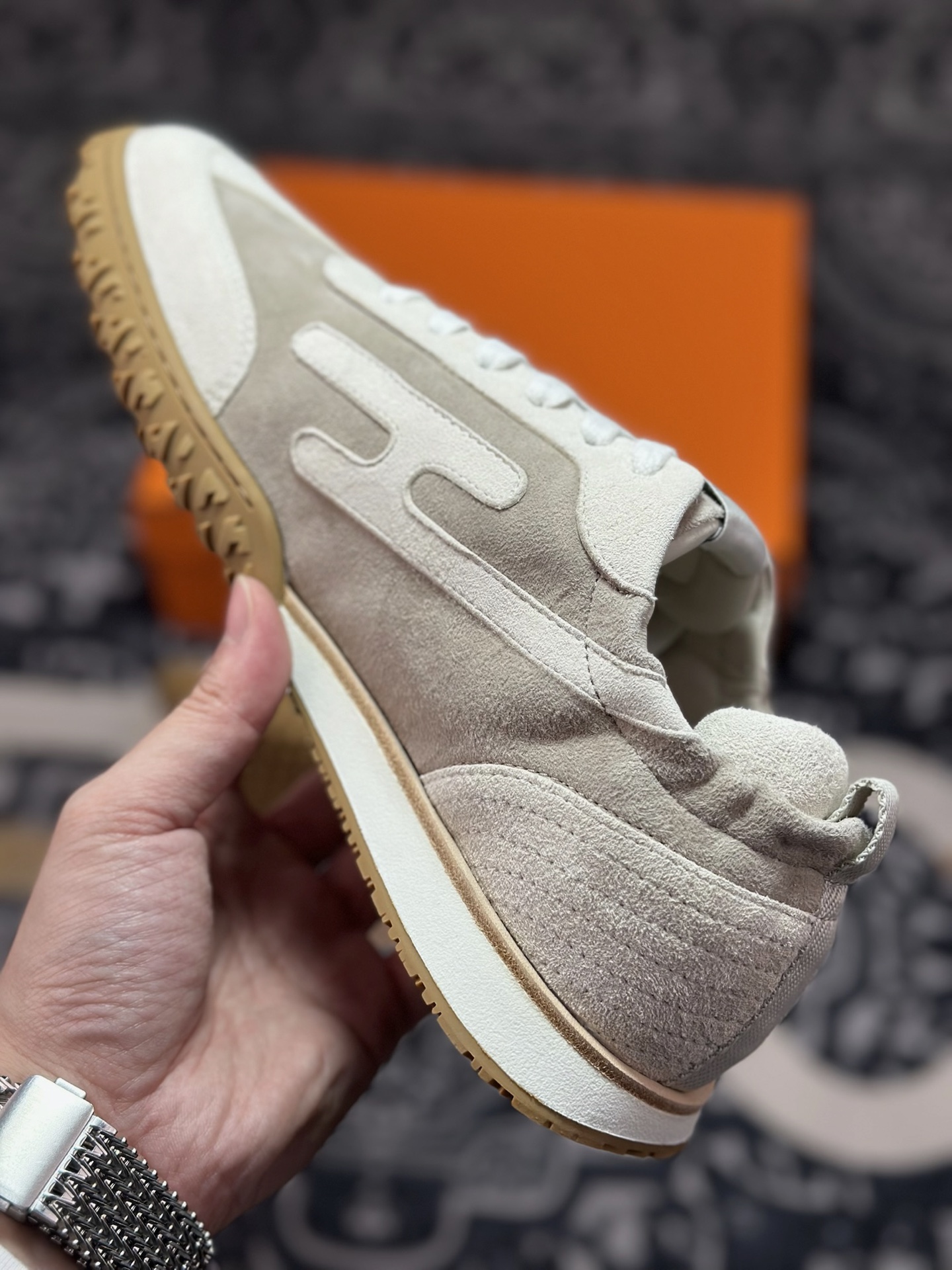 D4500 优选 原装级别 god 爱马仕/Hermès Jet chever velours喷气系列皮革系带圆头平跟德训运动休闲白色 HER69