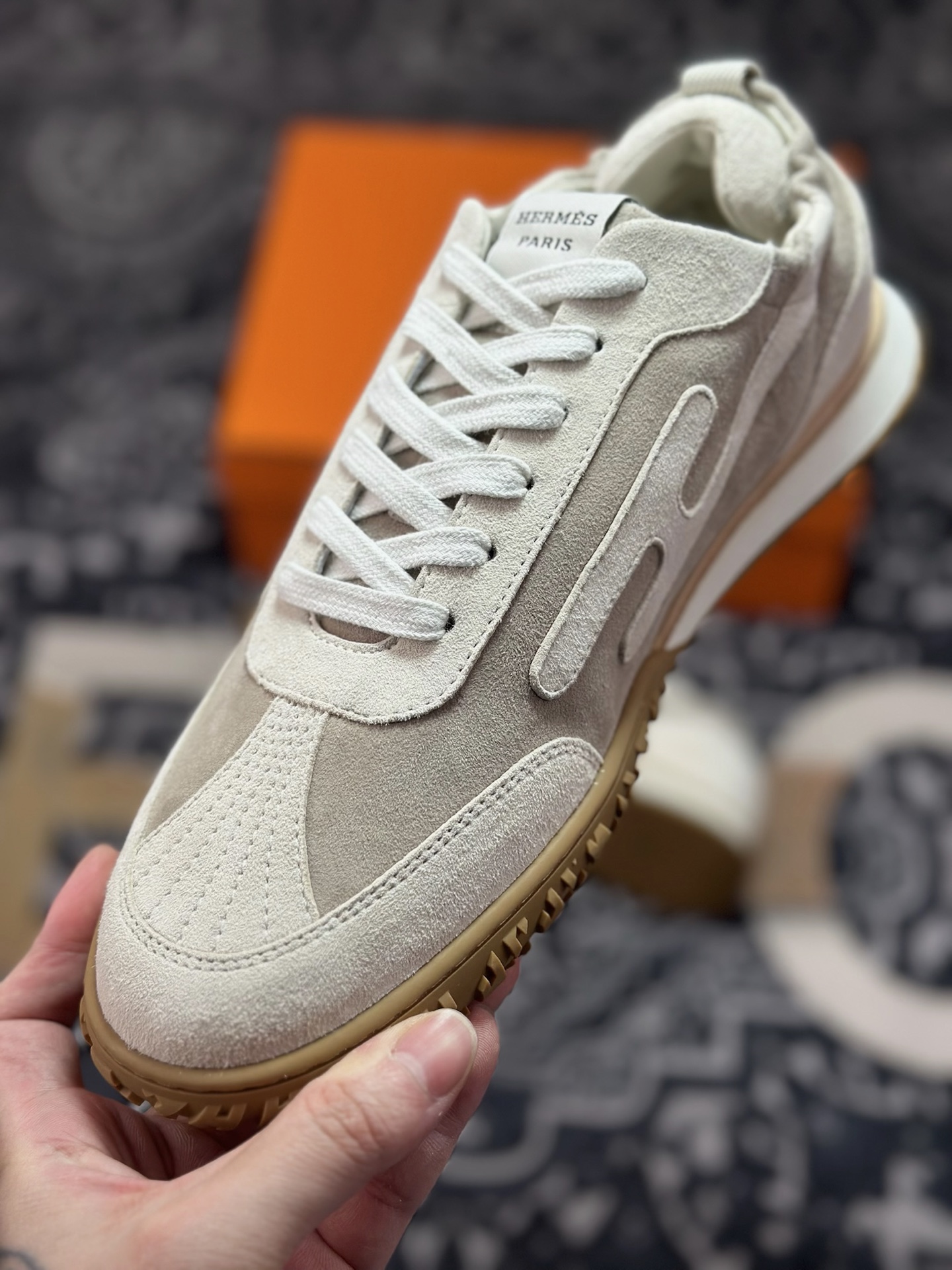 D4500 优选 原装级别 god 爱马仕/Hermès Jet chever velours喷气系列皮革系带圆头平跟德训运动休闲白色 HER69