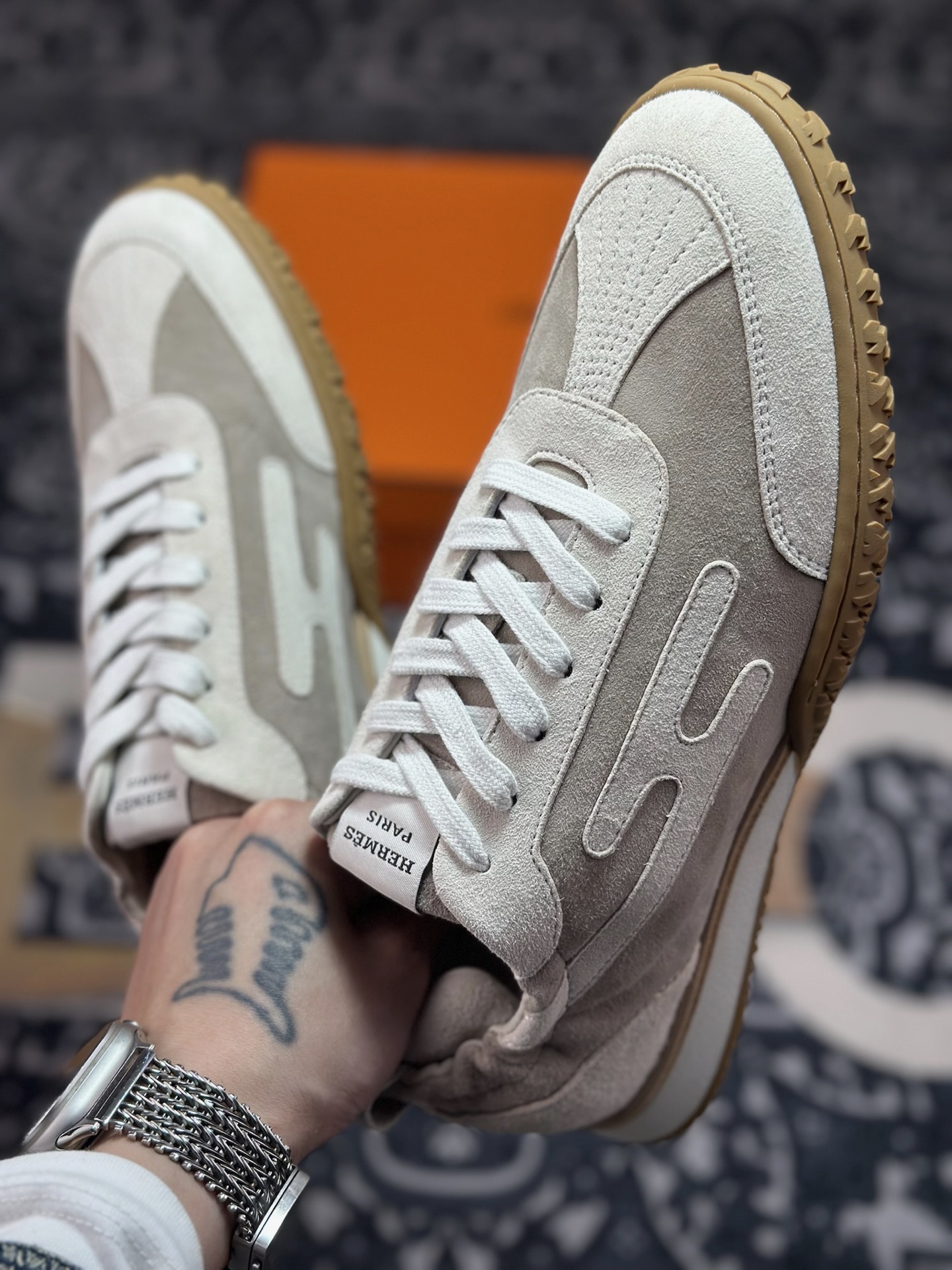 D4500 优选 原装级别 god 爱马仕/Hermès Jet chever velours喷气系列皮革系带圆头平跟德训运动休闲白色 HER69