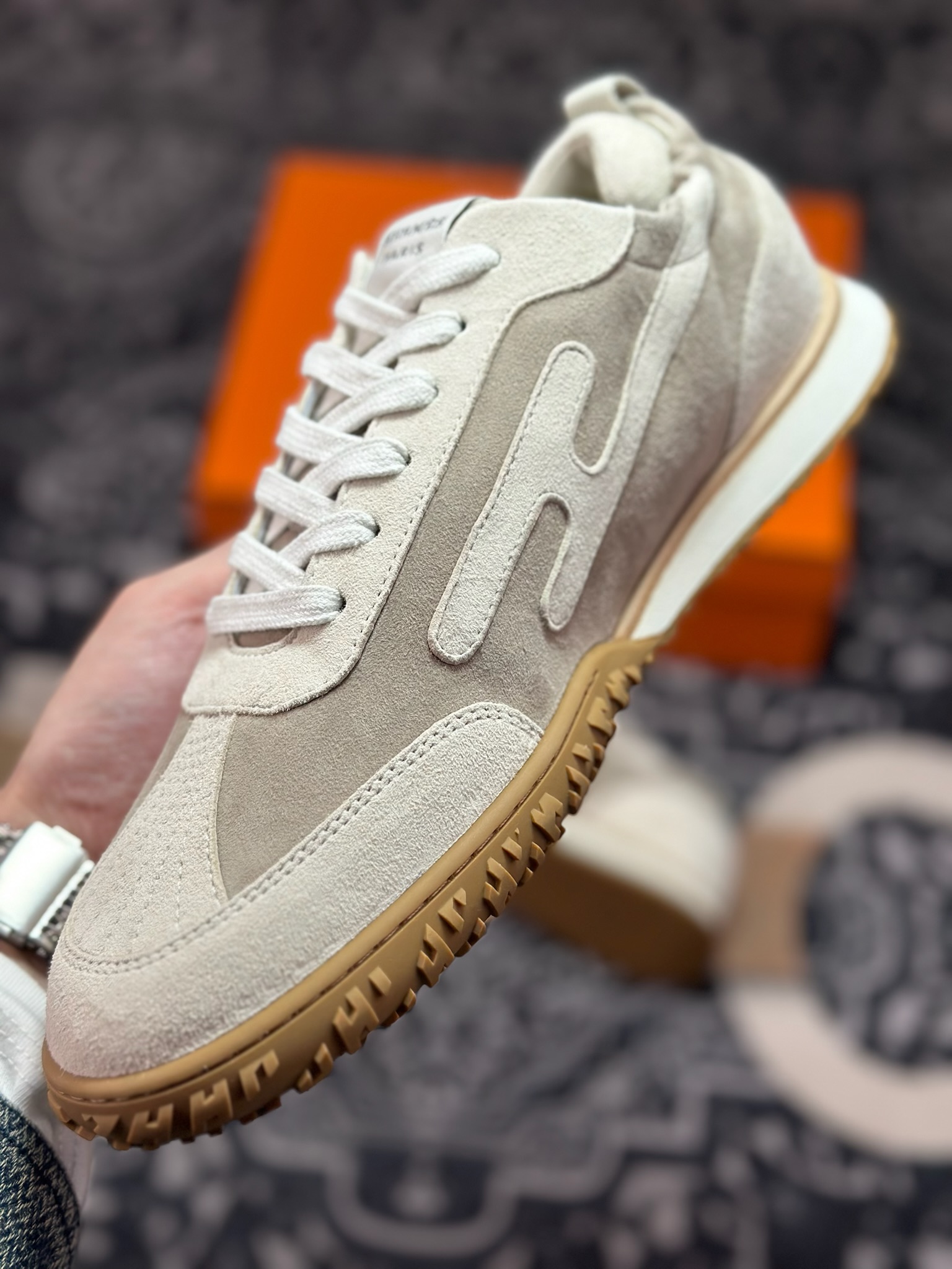 D4500 优选 原装级别 god 爱马仕/Hermès Jet chever velours喷气系列皮革系带圆头平跟德训运动休闲白色 HER69