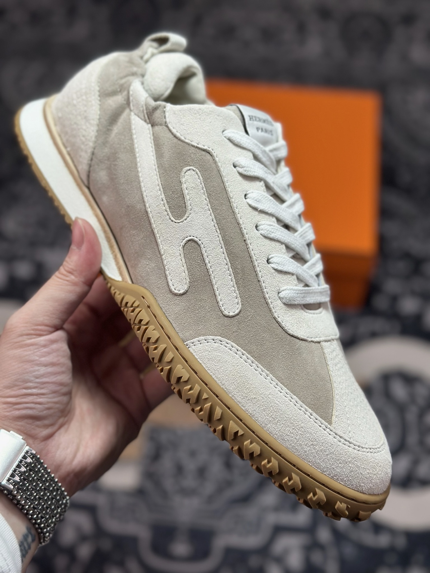 D4500 优选 原装级别 god 爱马仕/Hermès Jet chever velours喷气系列皮革系带圆头平跟德训运动休闲白色 HER69