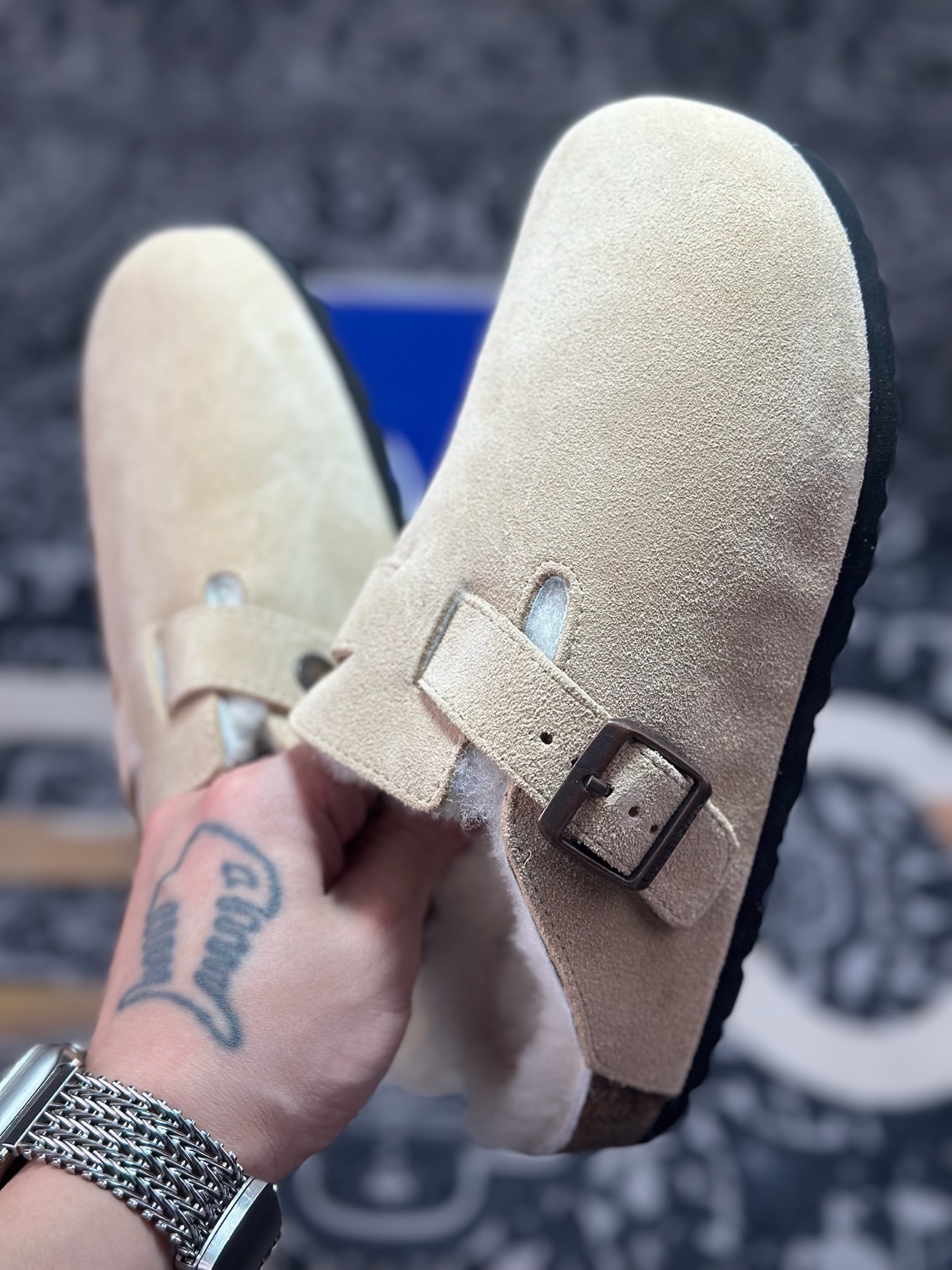 原装级别 勃肯 栗色加毛懒人拖鞋 博肯Birkenstock Birkenstock London Suede Leather 伦敦系列包头平底复古软木底休闲拖鞋